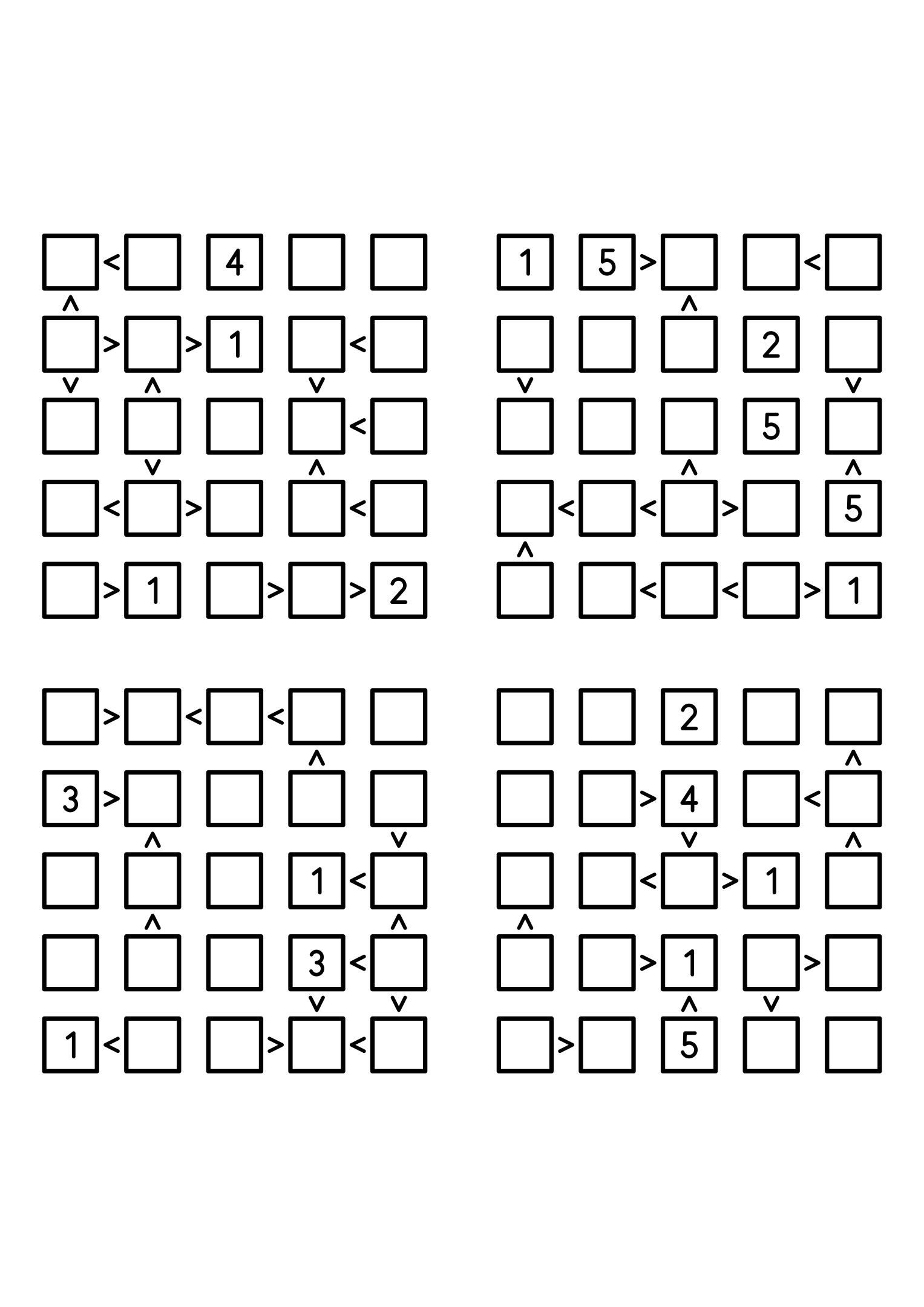 Four easy 5x5 futoshiki grids, each with extra given digits and signs. Level: Easy, 4 puzzles per page. Variant 1.