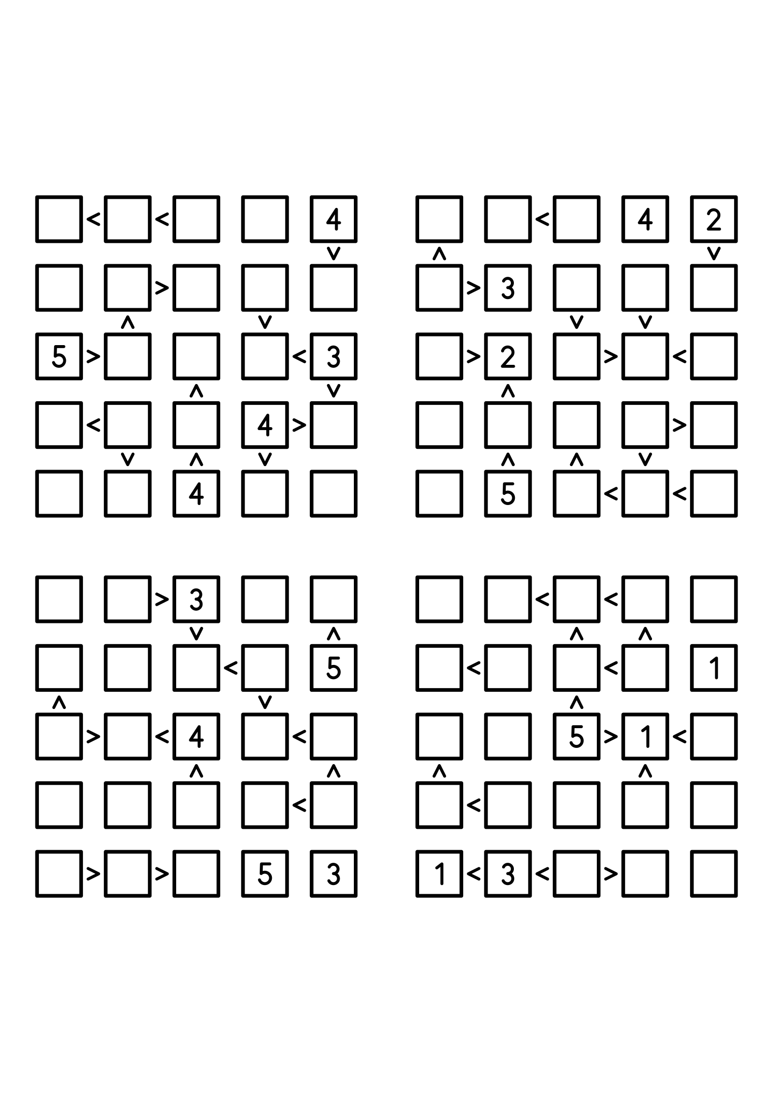 Four easy 5x5 futoshiki grids, each with extra given digits and signs. Level: Easy, 4 puzzles per page. Variant 2.