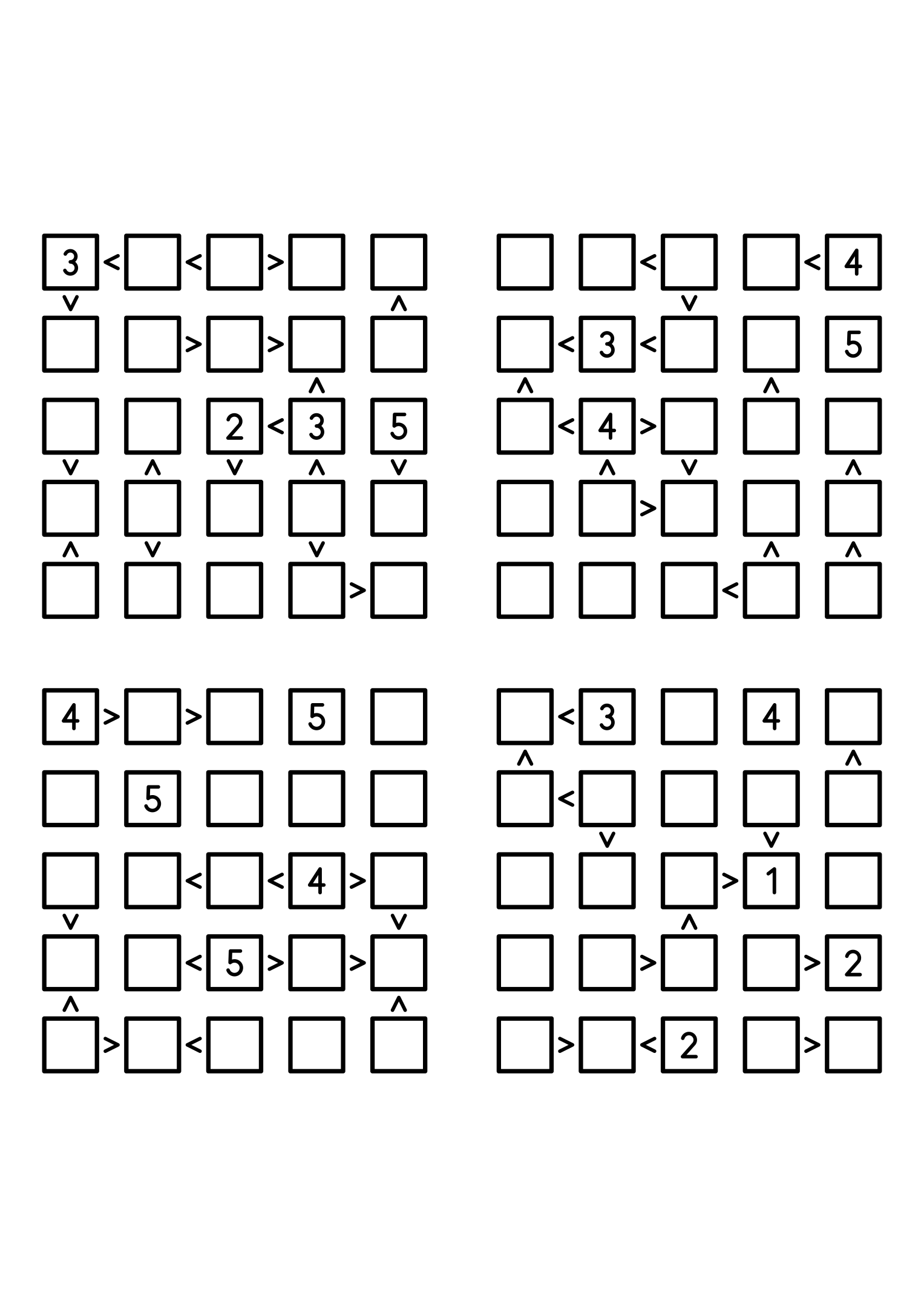 Four easy 5x5 futoshiki grids, each with extra given digits and signs. Level: Easy, 4 puzzles per page. Variant 3.