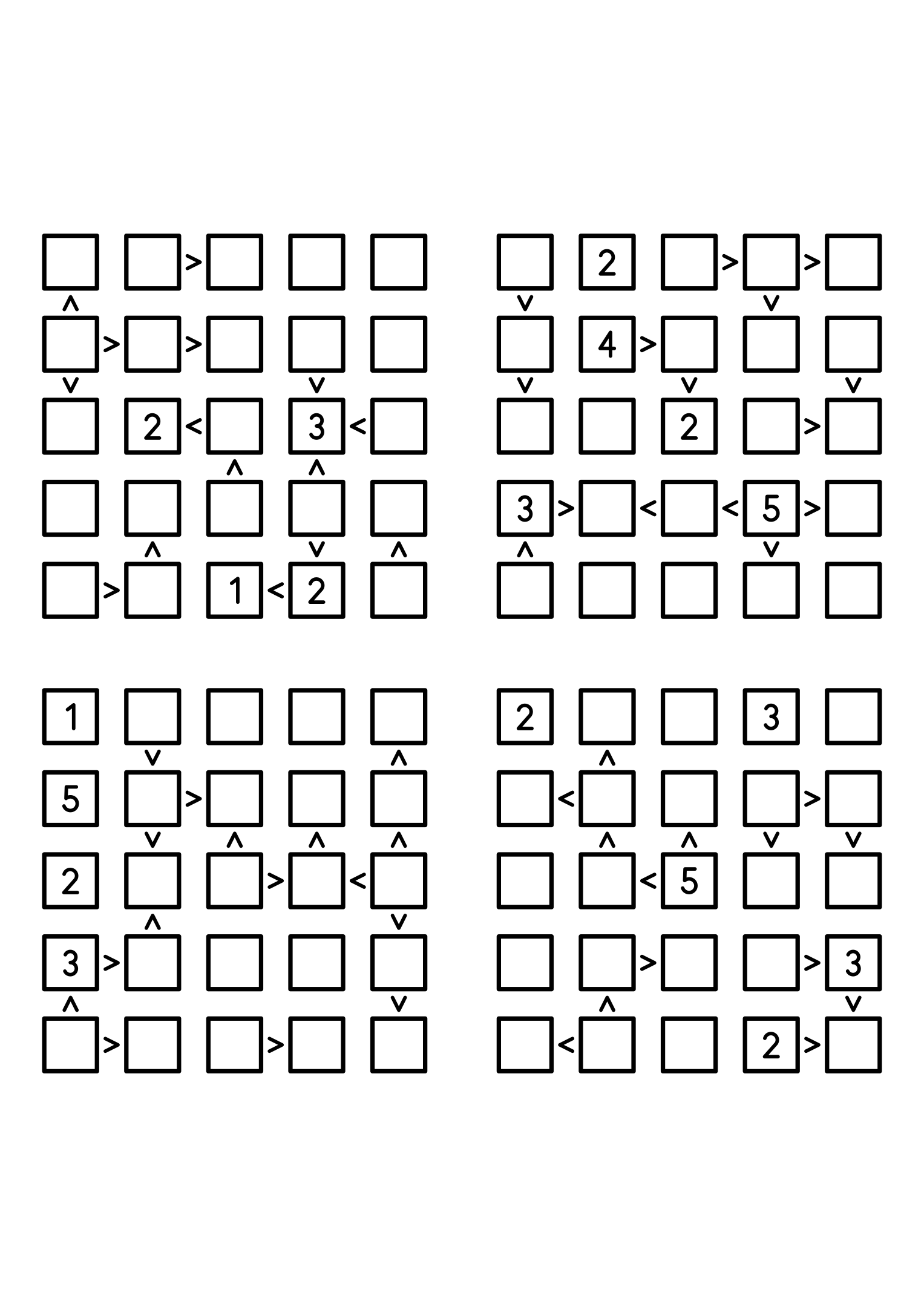 Four easy 5x5 futoshiki grids, each with extra given digits and signs. Level: Easy, 4 puzzles per page. Variant 4.