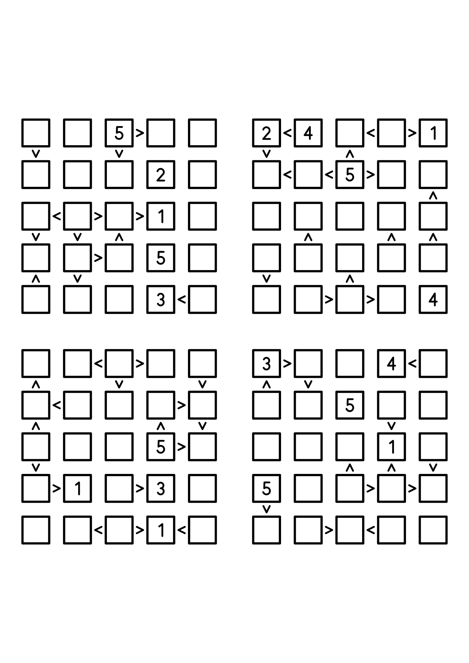 Four easy 5x5 futoshiki grids, each with extra given digits and signs. Level: Easy, 4 puzzles per page. Variant 5.