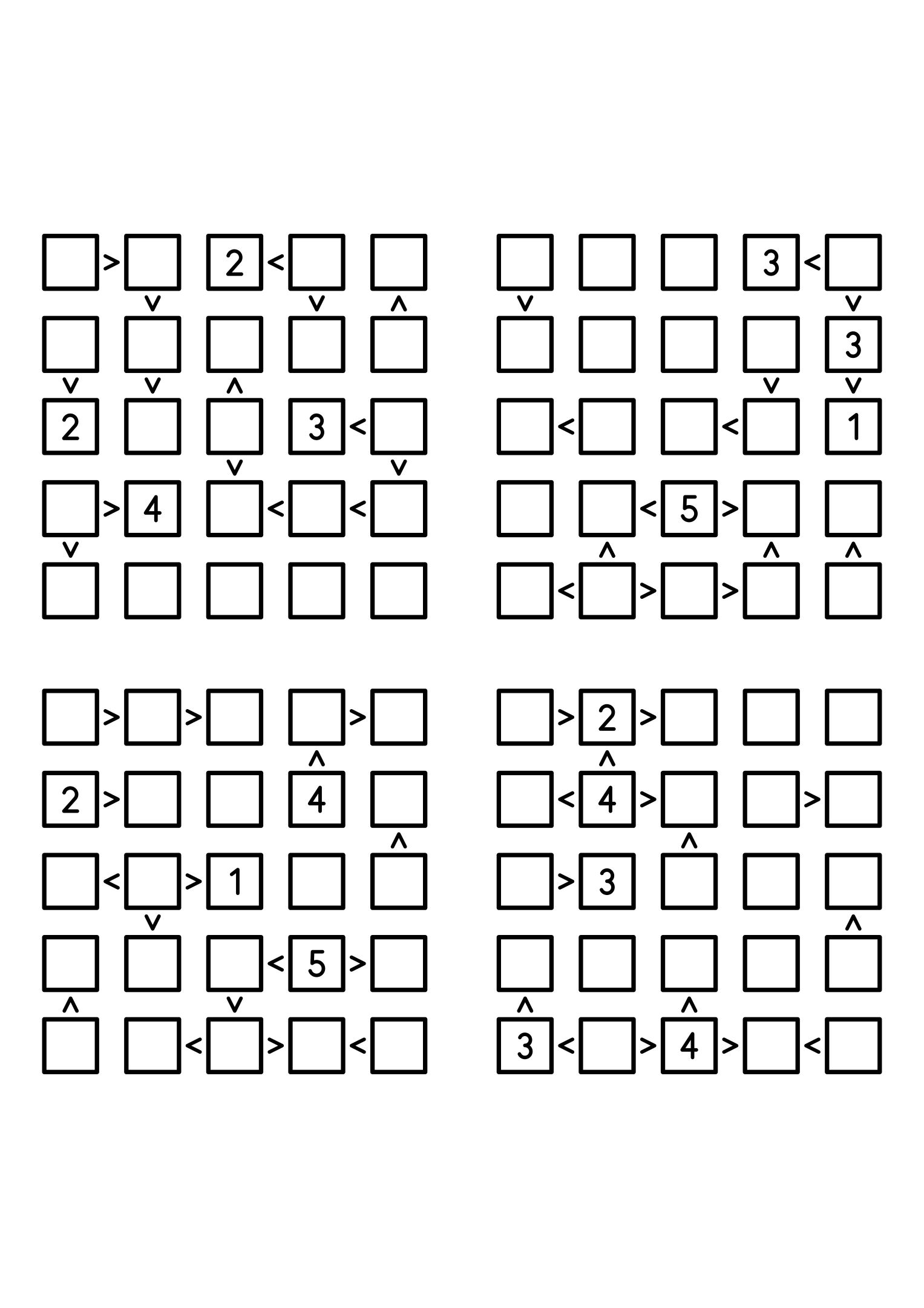 Four easy 5x5 futoshiki grids, each with extra given digits and signs. Level: Easy, 4 puzzles per page. Variant 6.