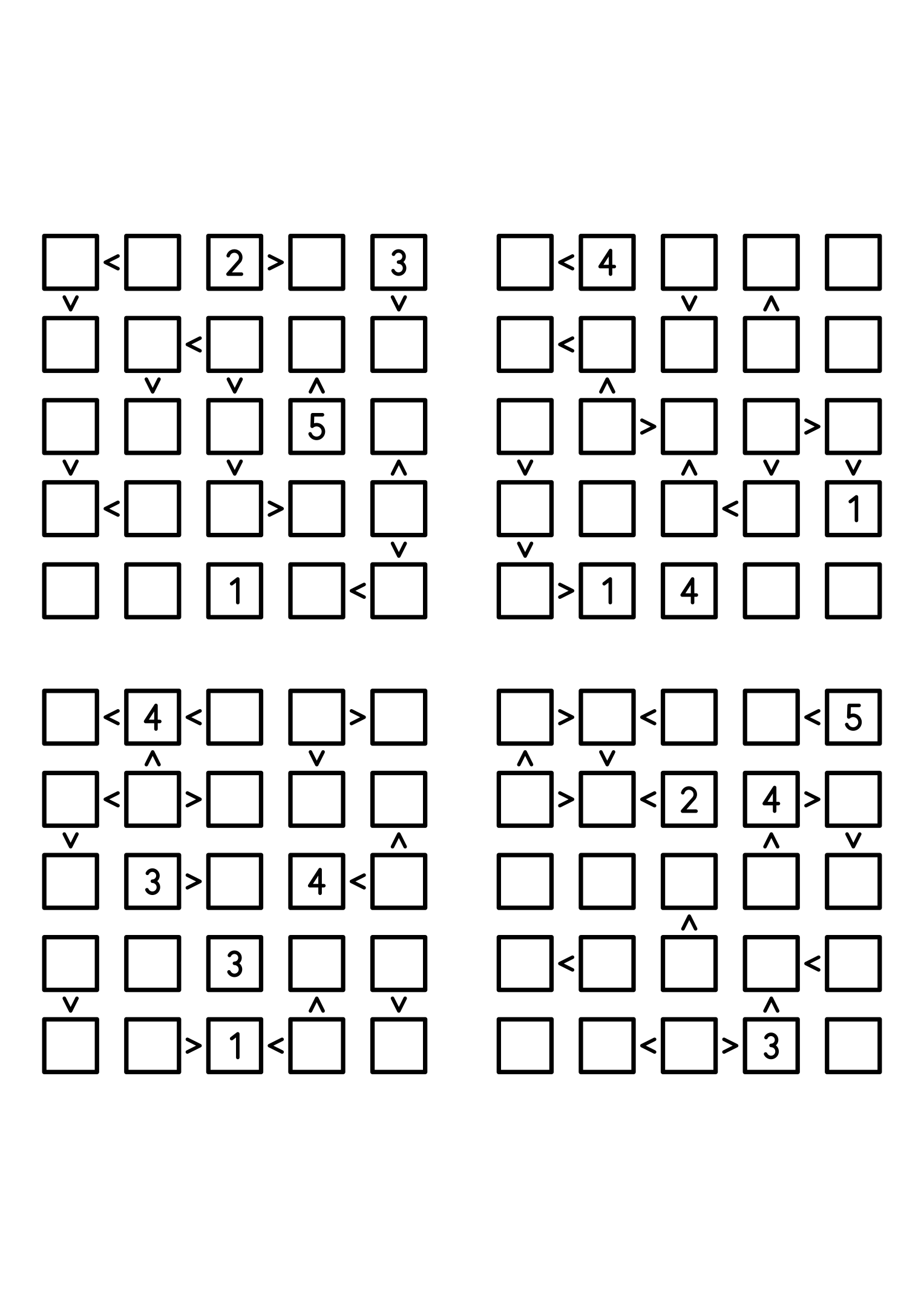 Four easy 5x5 futoshiki grids, each with extra given digits and signs. Level: Easy, 4 puzzles per page. Variant 7.