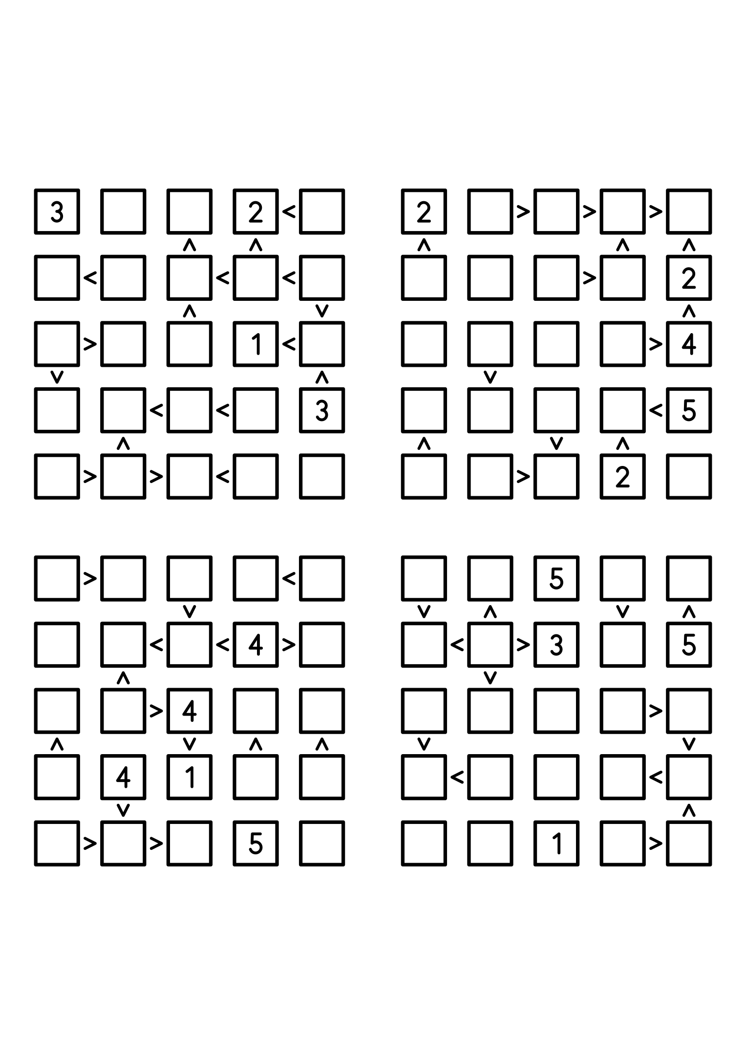 Four easy 5x5 futoshiki grids, each with extra given digits and signs. Level: Easy, 4 puzzles per page. Variant 8.