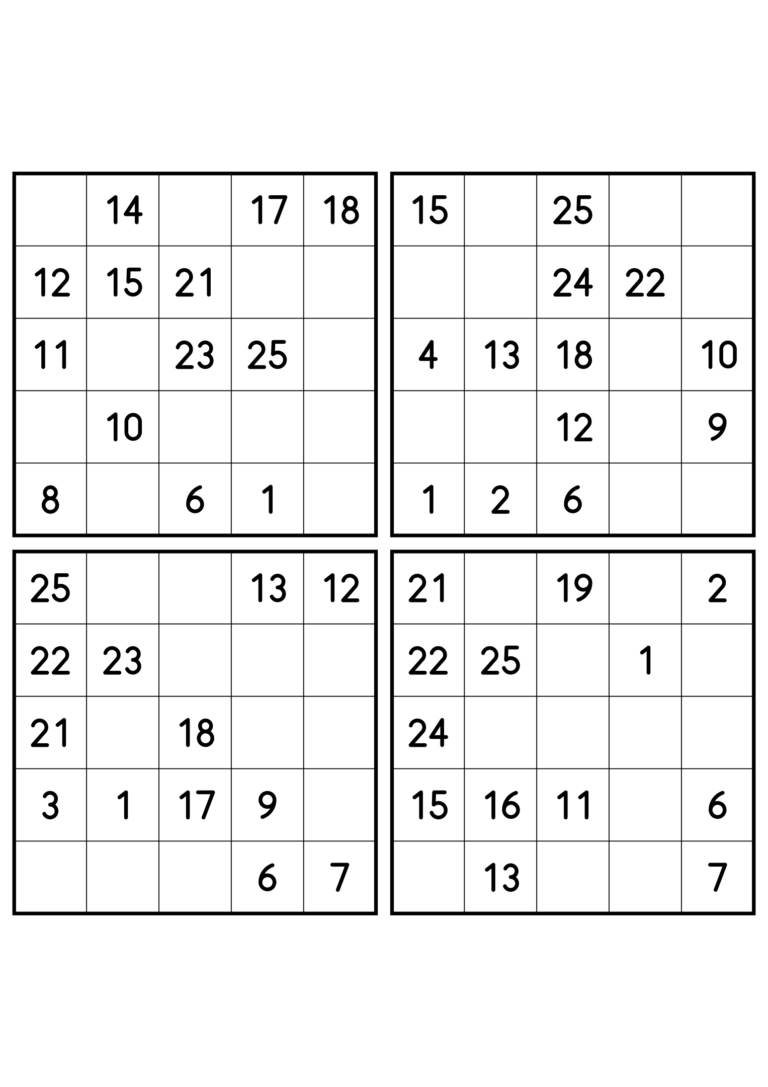 Four easy 5x5 Hidoku grids, 13 numbers printed in each. Variant 1.