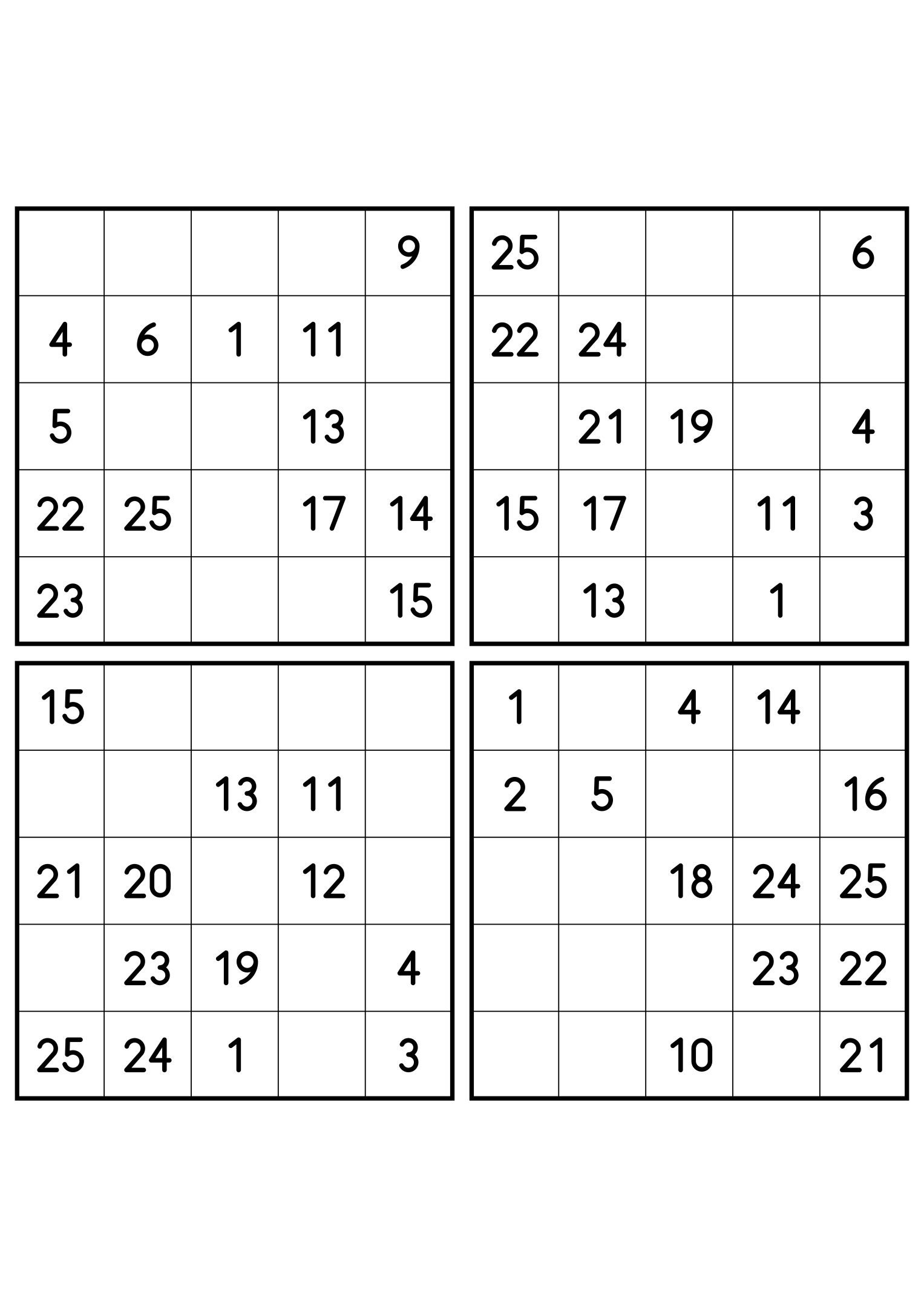 Four easy 5x5 Hidoku grids, 13 numbers printed in each. Variant 2.