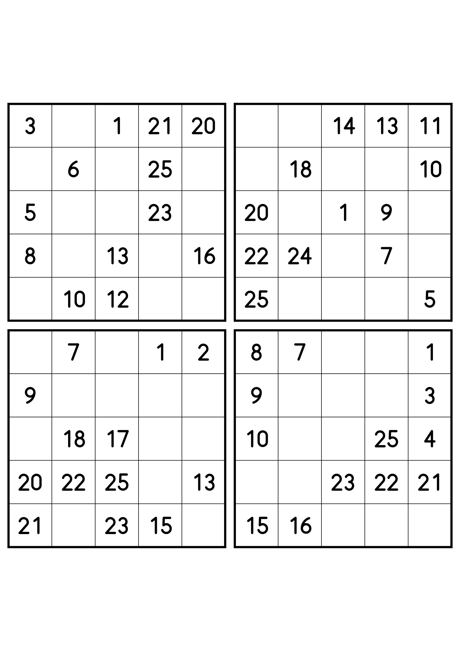 Four easy 5x5 Hidoku grids, 13 numbers printed in each. Variant 3.