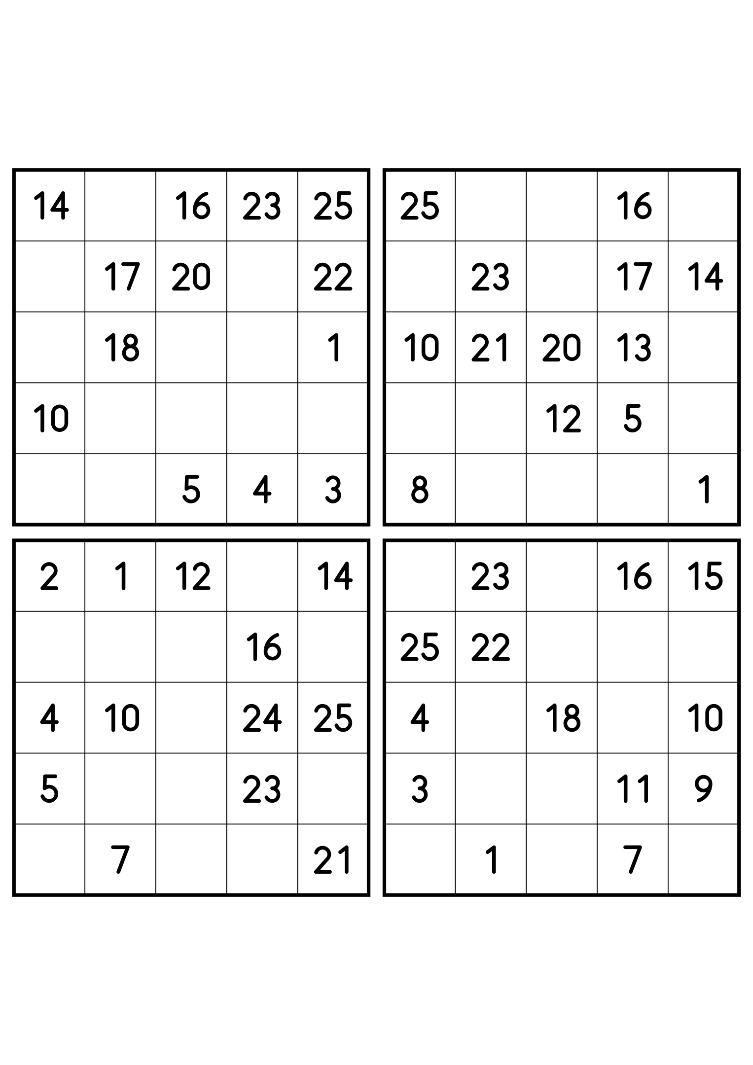 Four easy 5x5 Hidoku grids, 13 numbers printed in each. Variant 4.