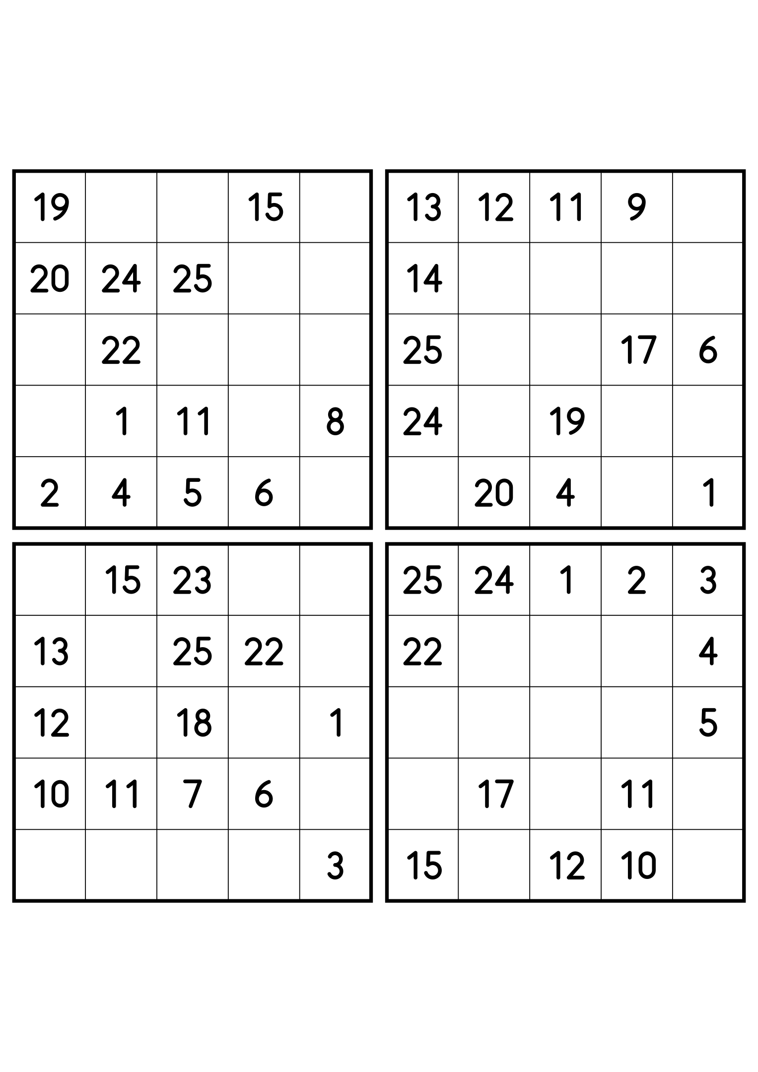Four easy 5x5 Hidoku grids, 13 numbers printed in each. Variant 5.