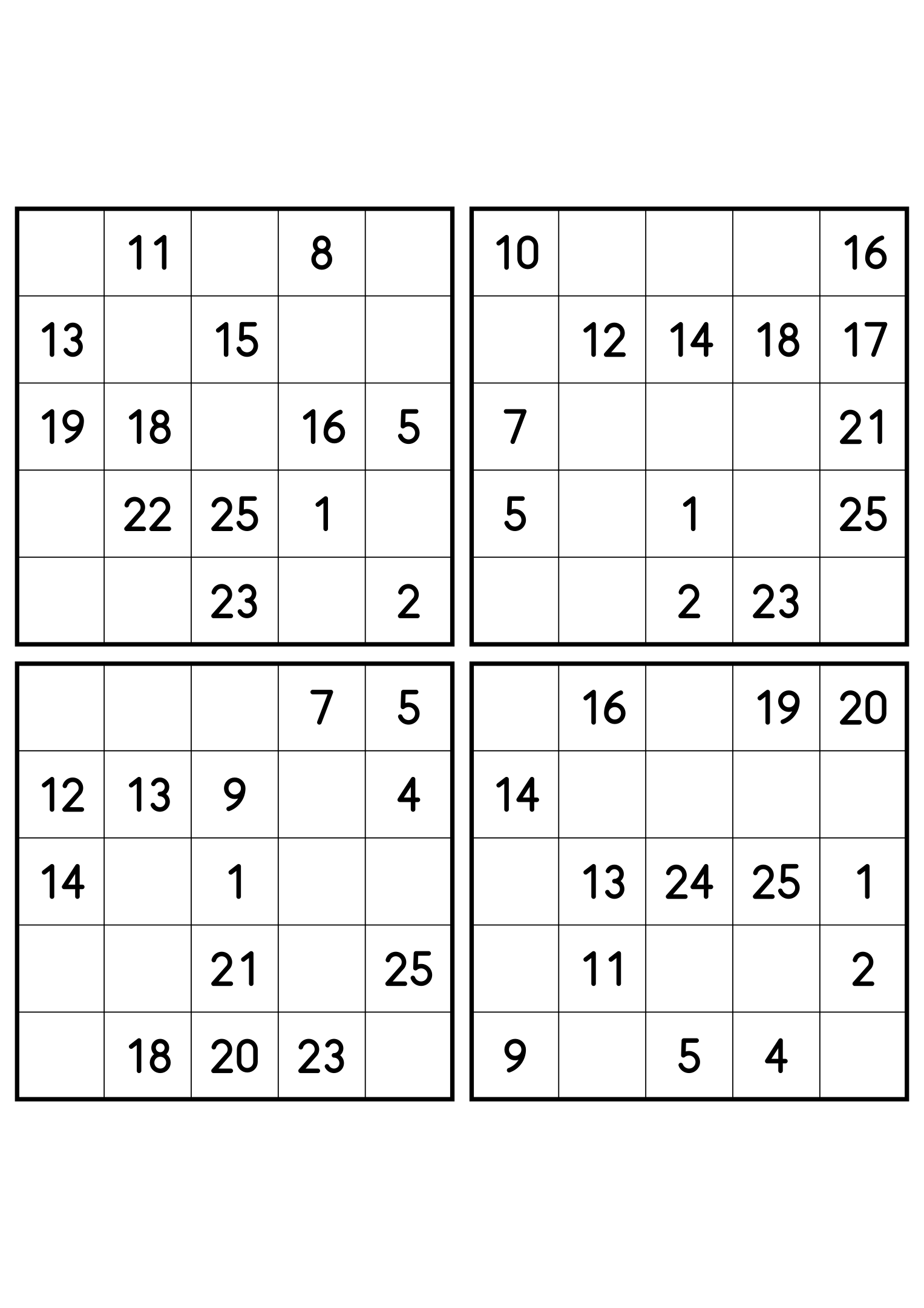 Four easy 5x5 Hidoku grids, 13 numbers printed in each. Variant 6.