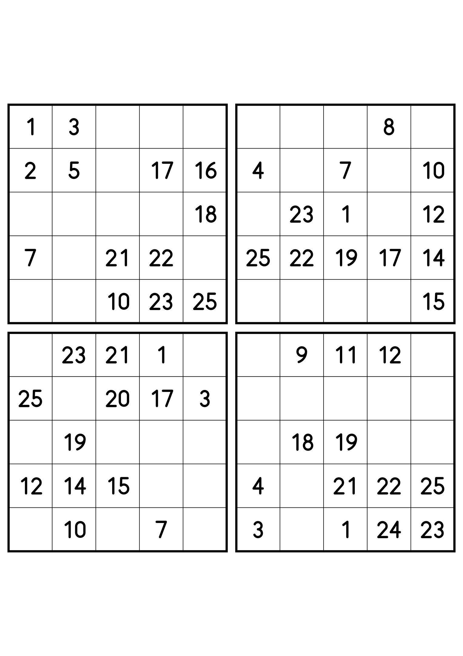 Four easy 5x5 Hidoku grids, 13 numbers printed in each. Variant 7.
