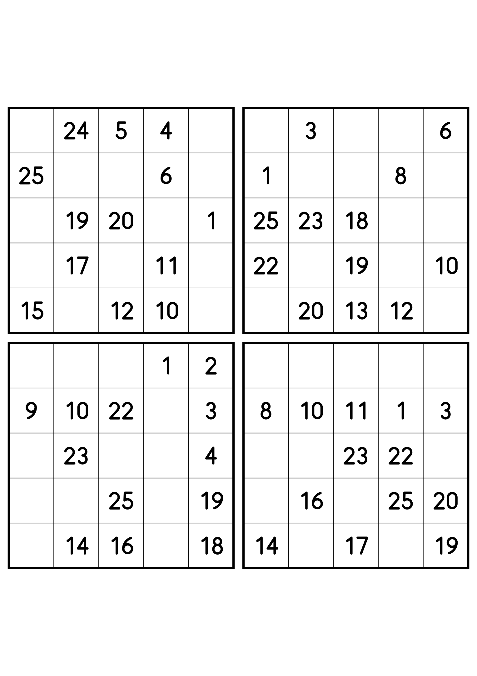 Four easy 5x5 Hidoku grids, 13 numbers printed in each. Variant 8.