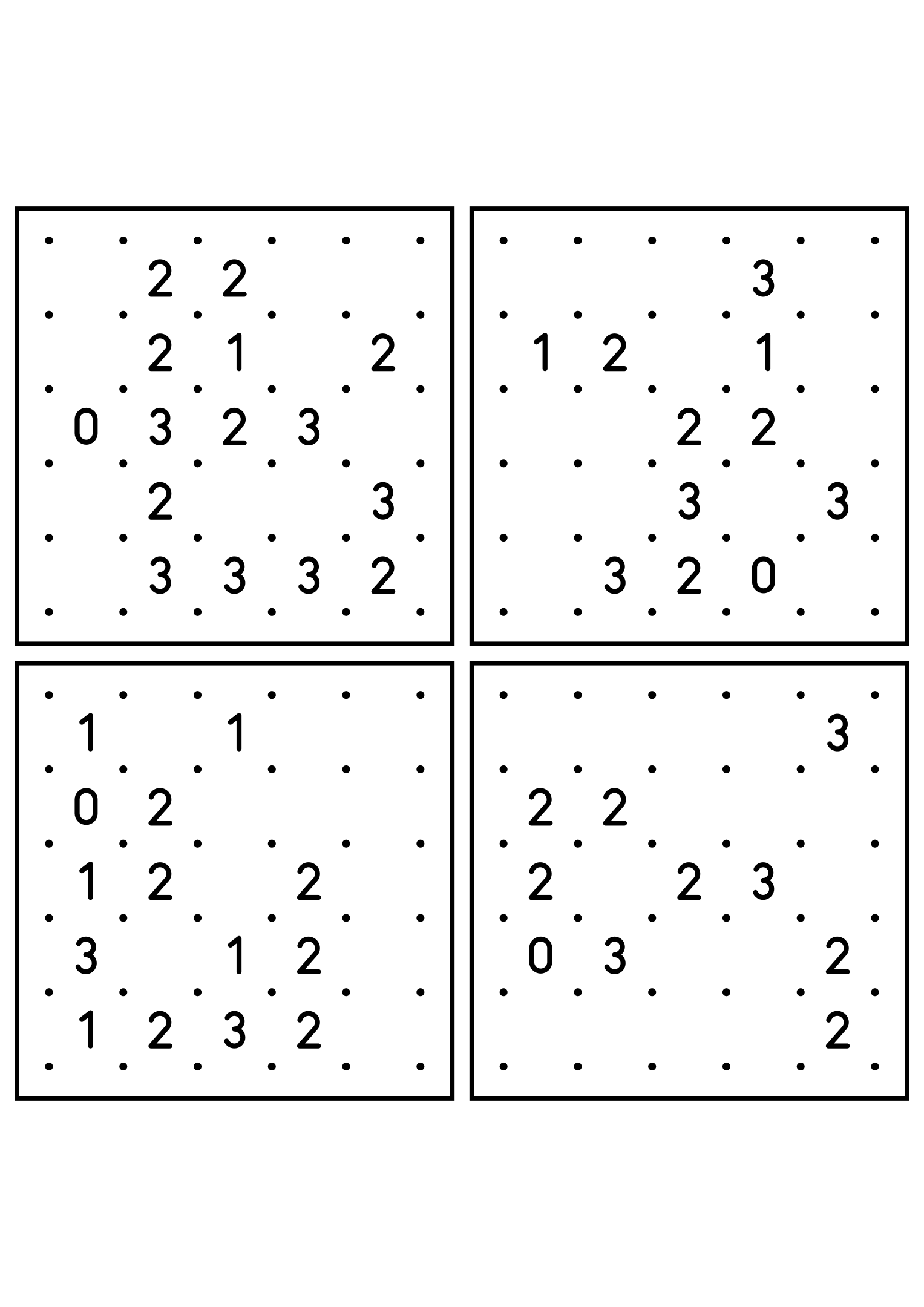 Four easy 5x5 slitherlink grids, each loop found by counting sides. Level: Easy, 4 puzzles per page. Variant 1.