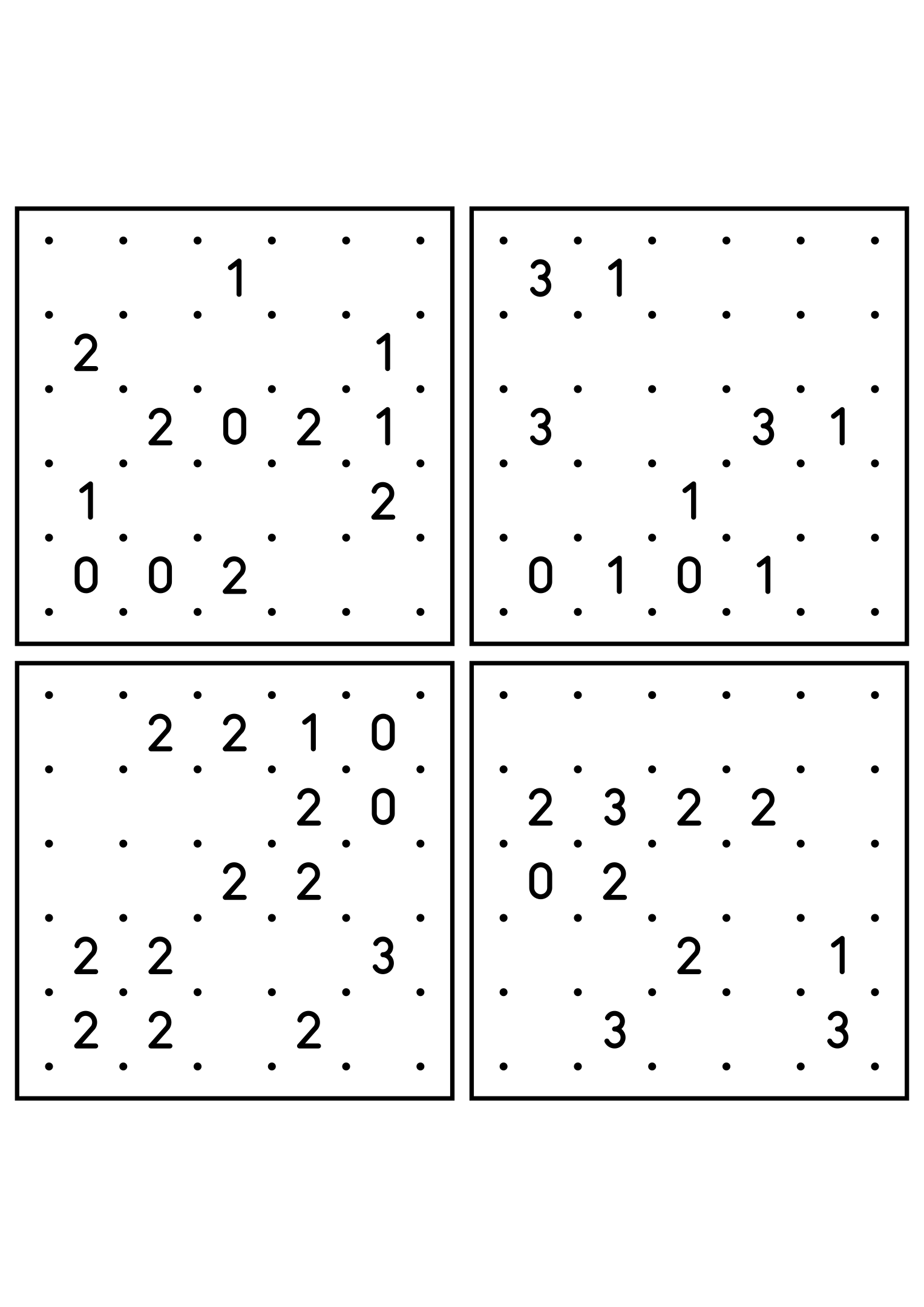 Four easy 5x5 slitherlink grids, each loop found by counting sides. Level: Easy, 4 puzzles per page. Variant 2.