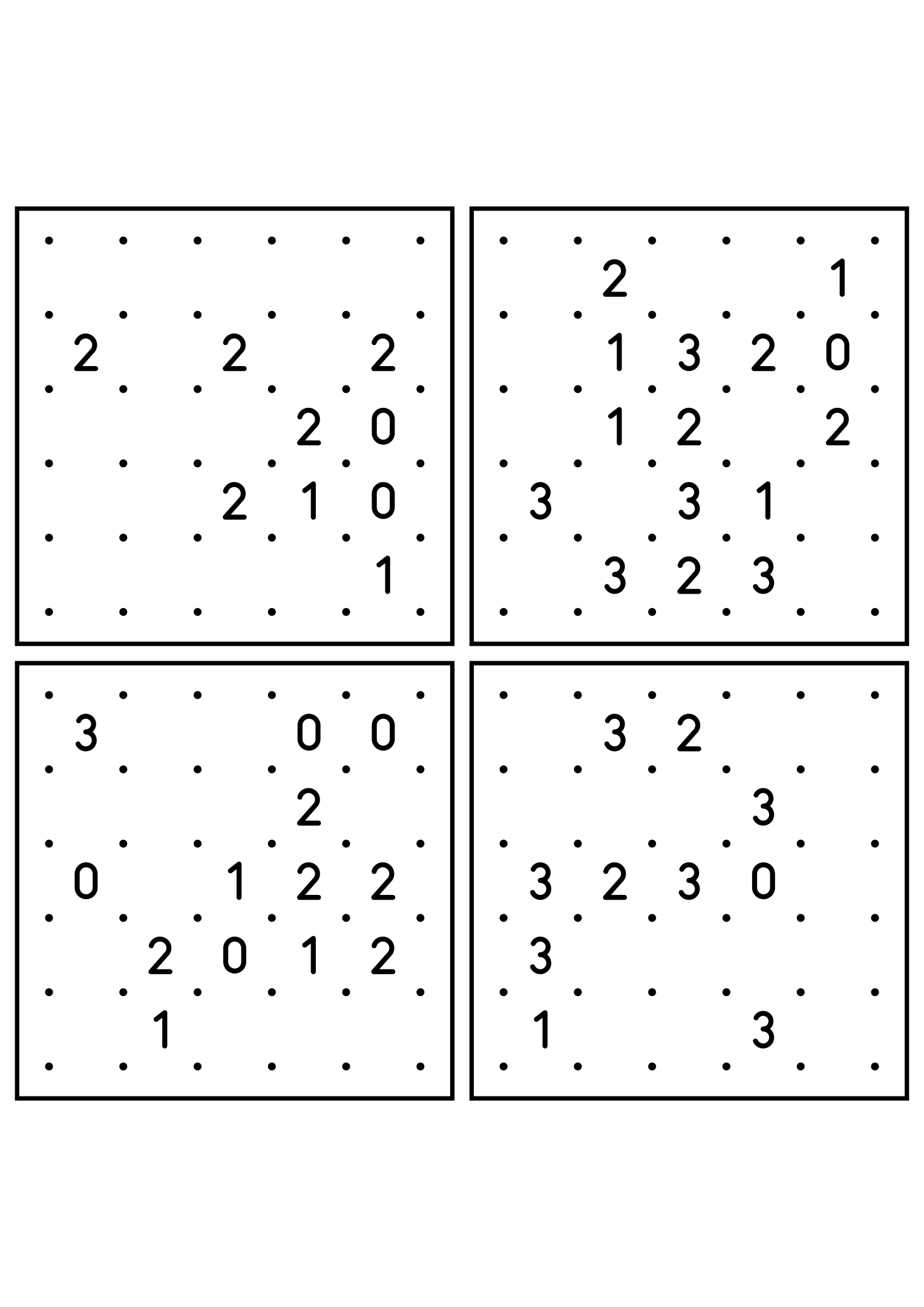 Four easy 5x5 slitherlink grids, each loop found by counting sides. Level: Easy, 4 puzzles per page. Variant 3.