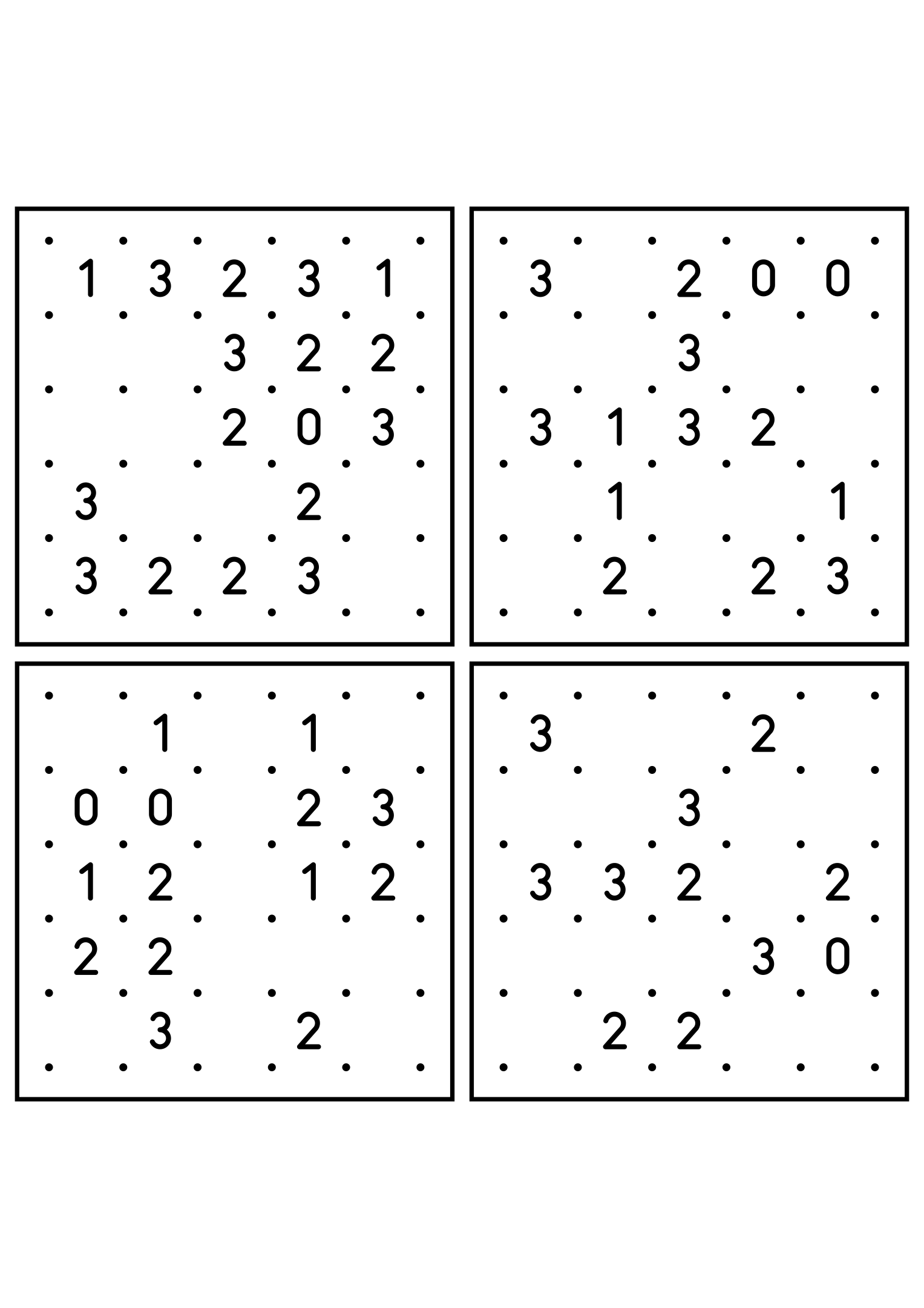 Four easy 5x5 slitherlink grids, each loop found by counting sides. Level: Easy, 4 puzzles per page. Variant 4.