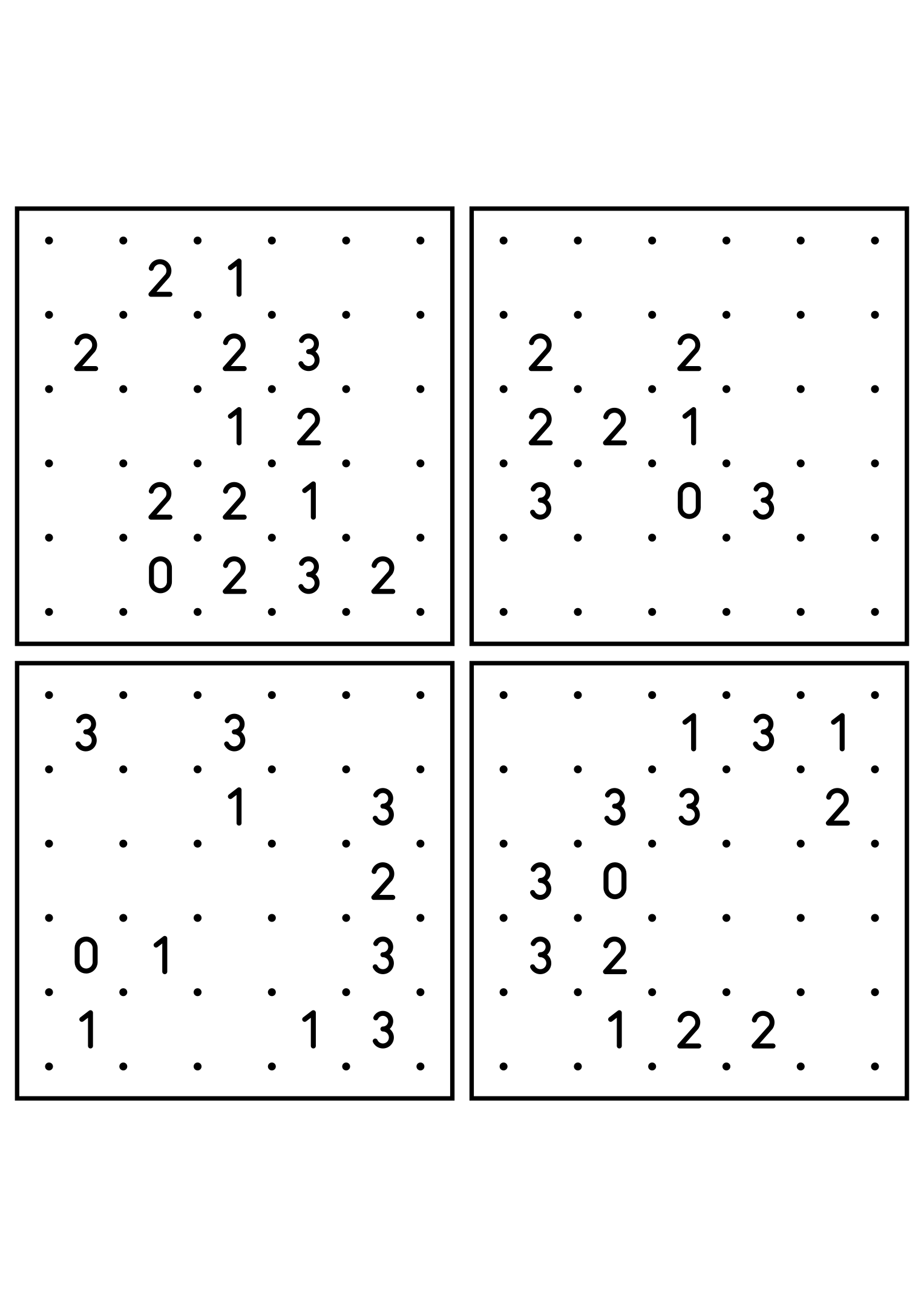 Four easy 5x5 slitherlink grids, each loop found by counting sides. Level: Easy, 4 puzzles per page. Variant 5.