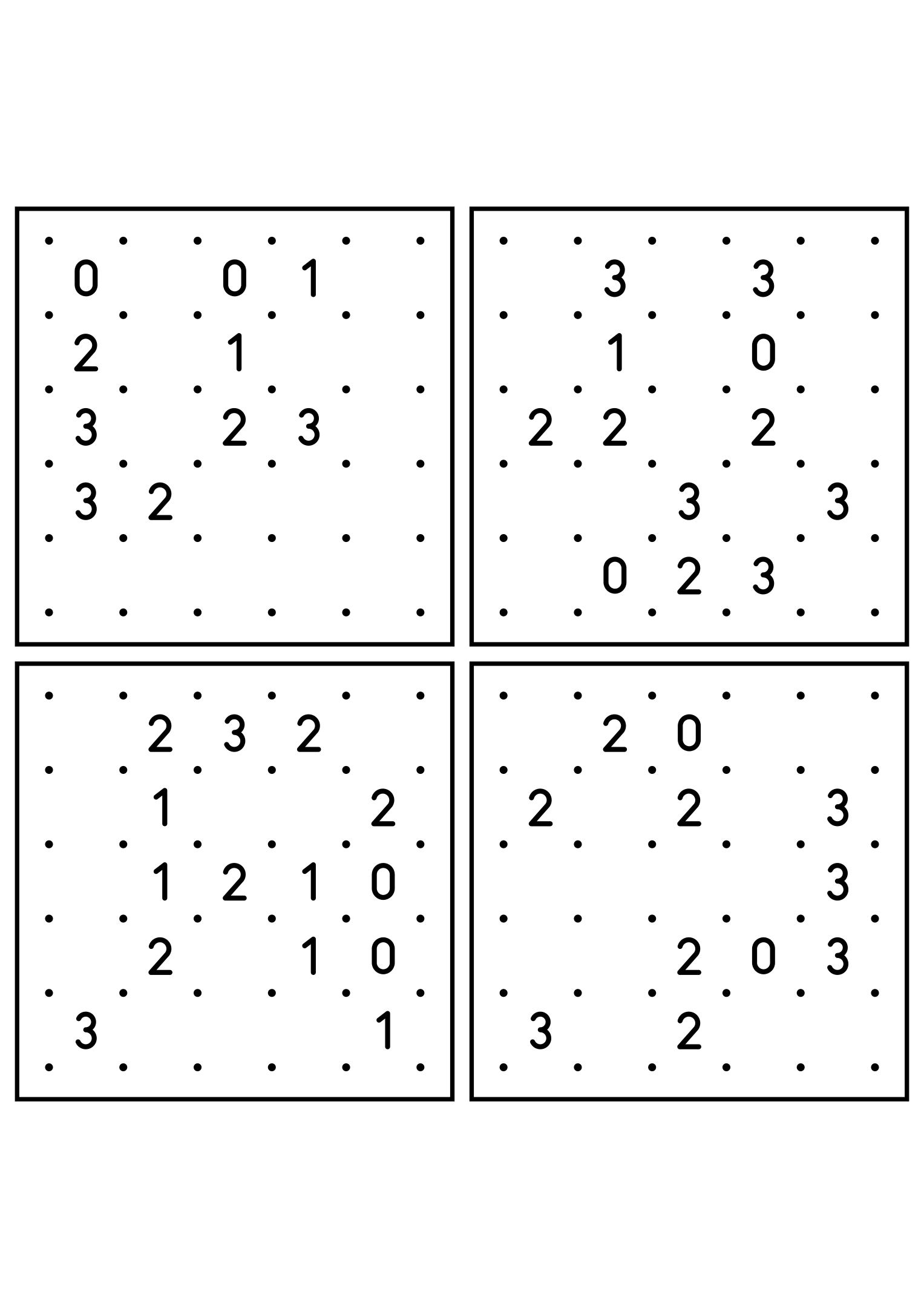 Four easy 5x5 slitherlink grids, each loop found by counting sides. Level: Easy, 4 puzzles per page. Variant 6.