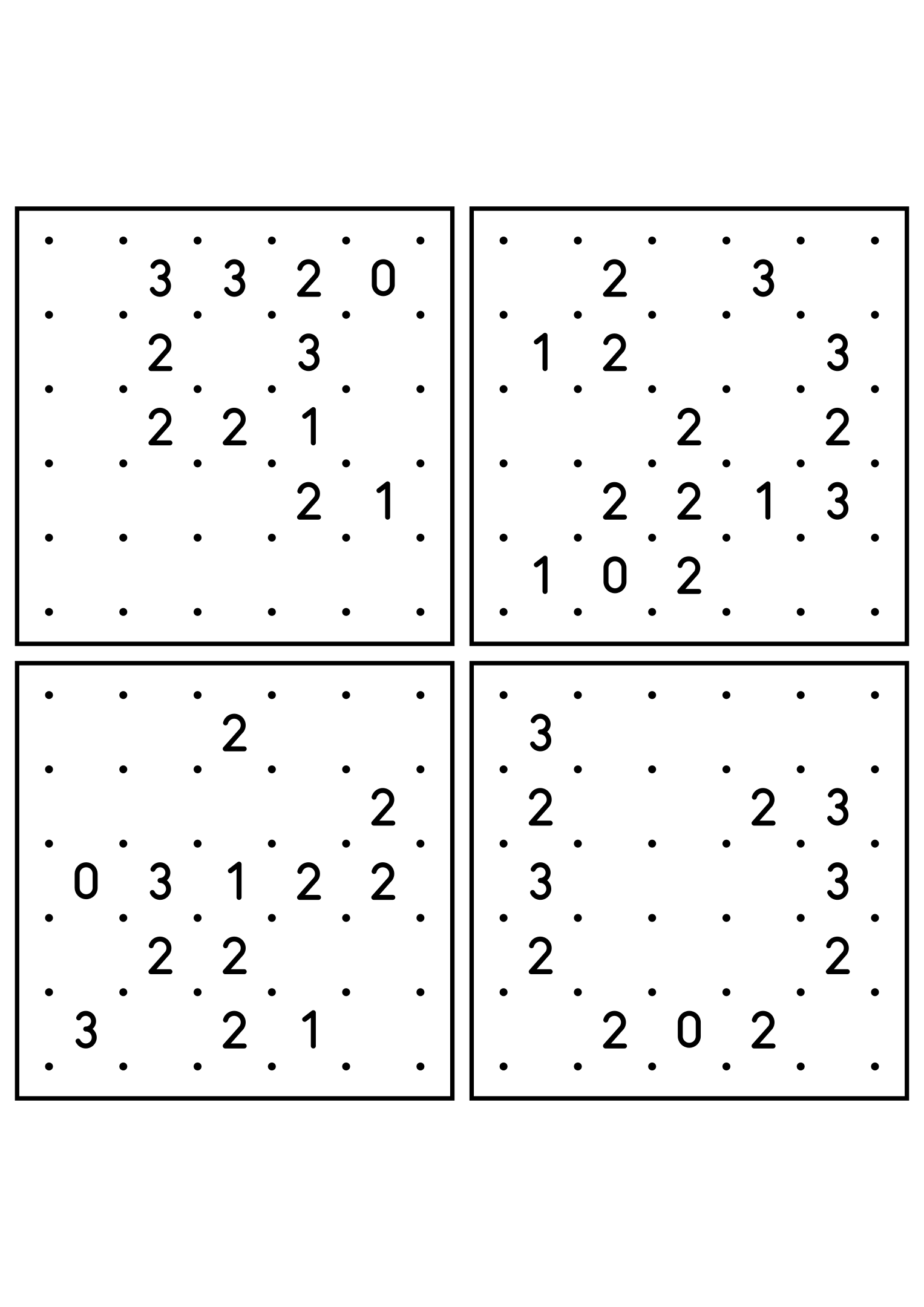 Four easy 5x5 slitherlink grids, each loop found by counting sides. Level: Easy, 4 puzzles per page. Variant 7.