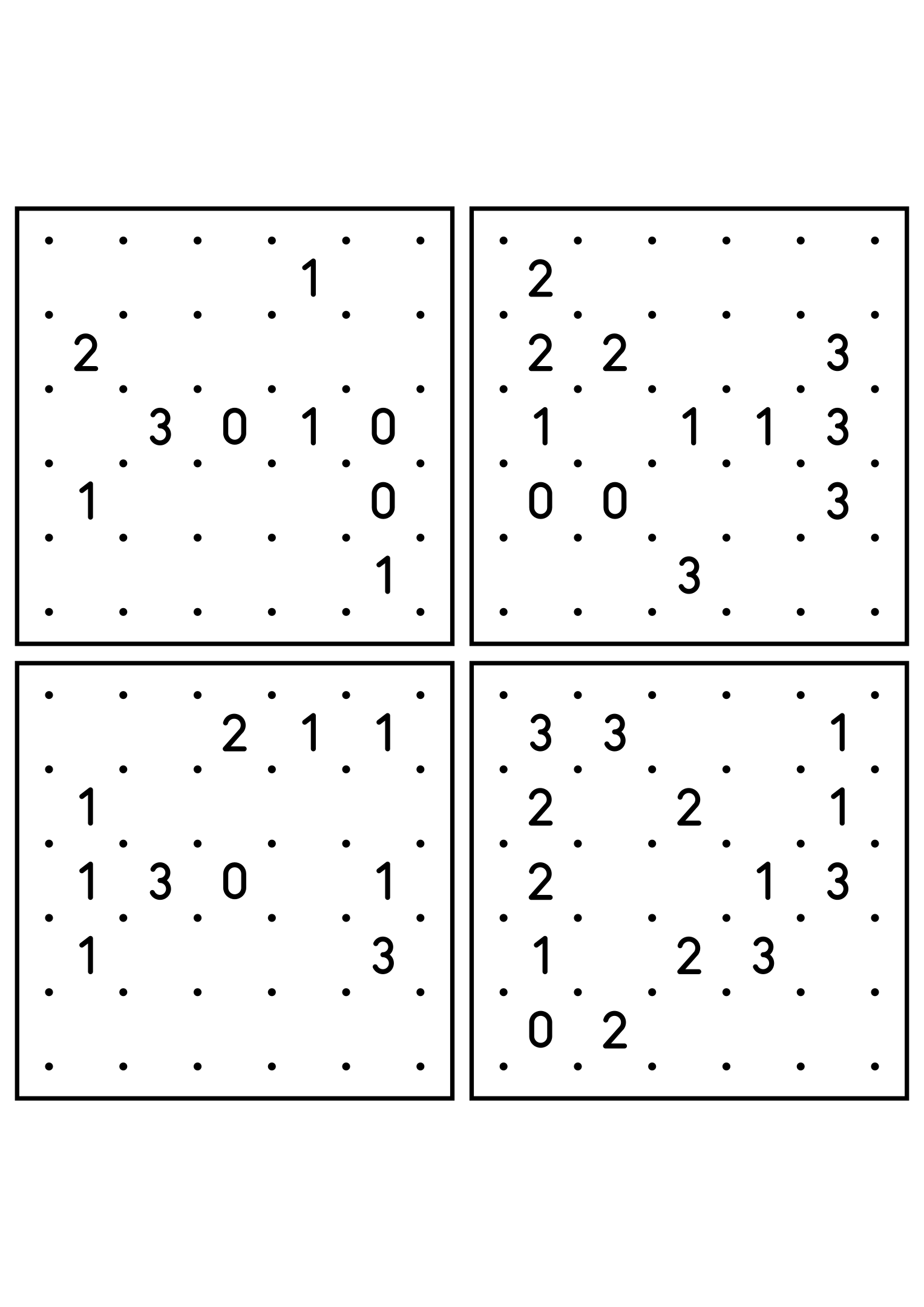 Four easy 5x5 slitherlink grids, each loop found by counting sides. Level: Easy, 4 puzzles per page. Variant 8.