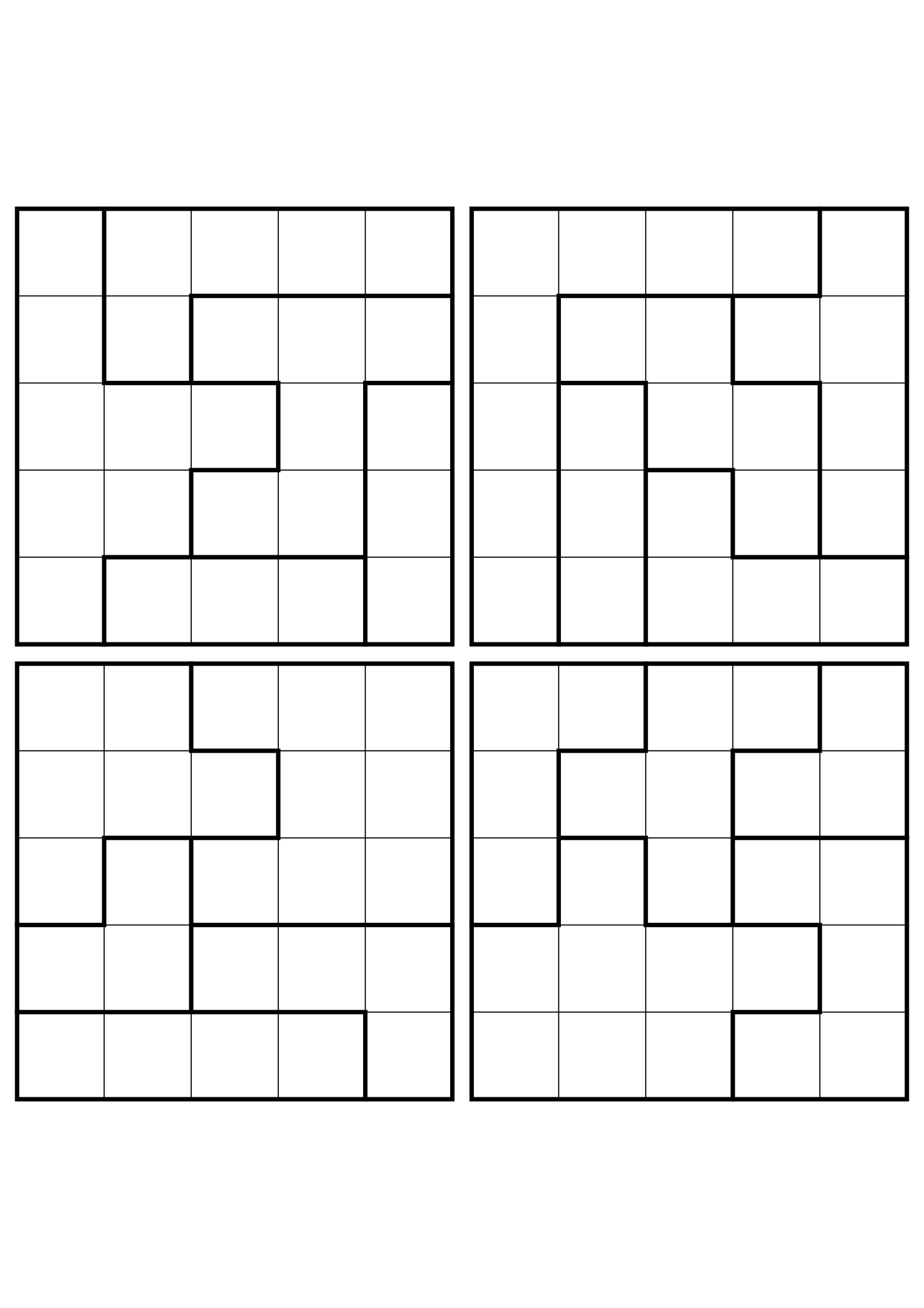 Four easy 5x5 star battle grids, each solved region by region. Level: Easy, 4 puzzles per page. Variant 1.