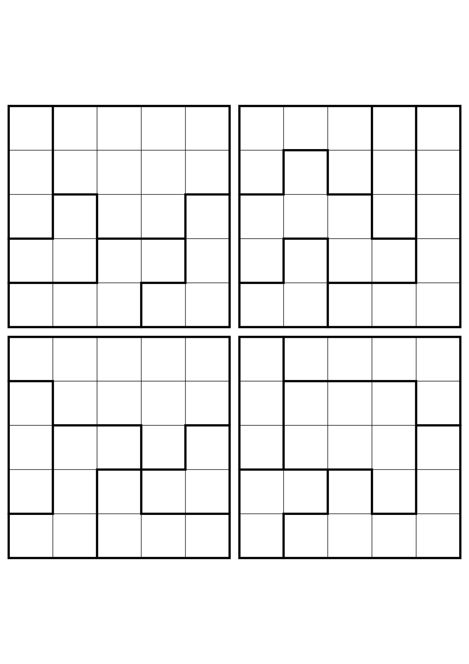 Four easy 5x5 star battle grids, each solved region by region. Level: Easy, 4 puzzles per page. Variant 2.