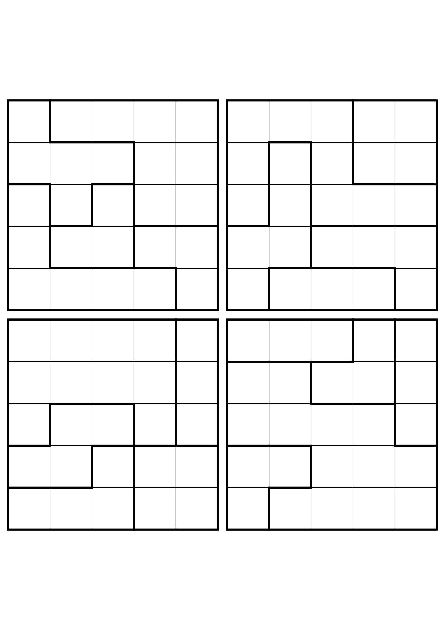 Four easy 5x5 star battle grids, each solved region by region. Level: Easy, 4 puzzles per page. Variant 3.