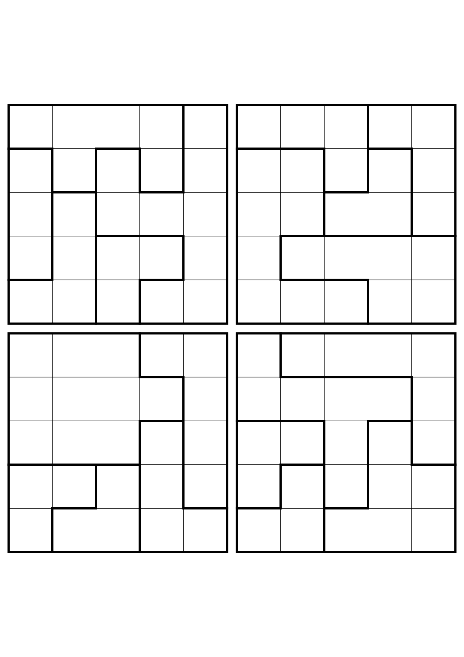 Four easy 5x5 star battle grids, each solved region by region. Level: Easy, 4 puzzles per page. Variant 4.