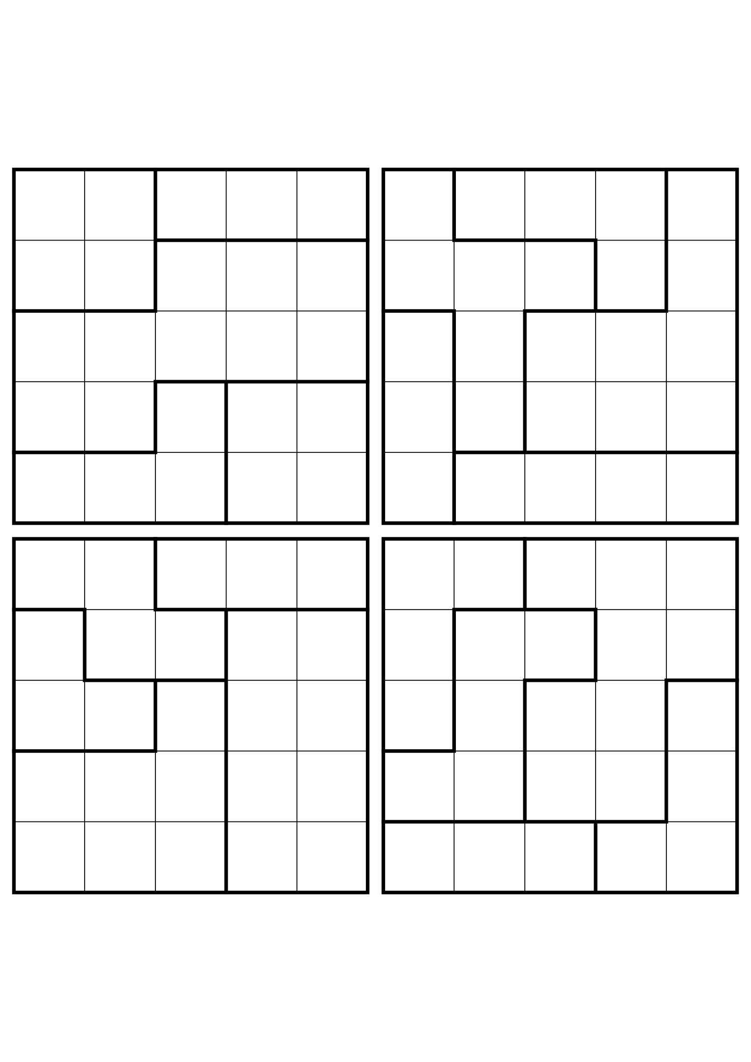 Four easy 5x5 star battle grids, each solved region by region. Level: Easy, 4 puzzles per page. Variant 5.