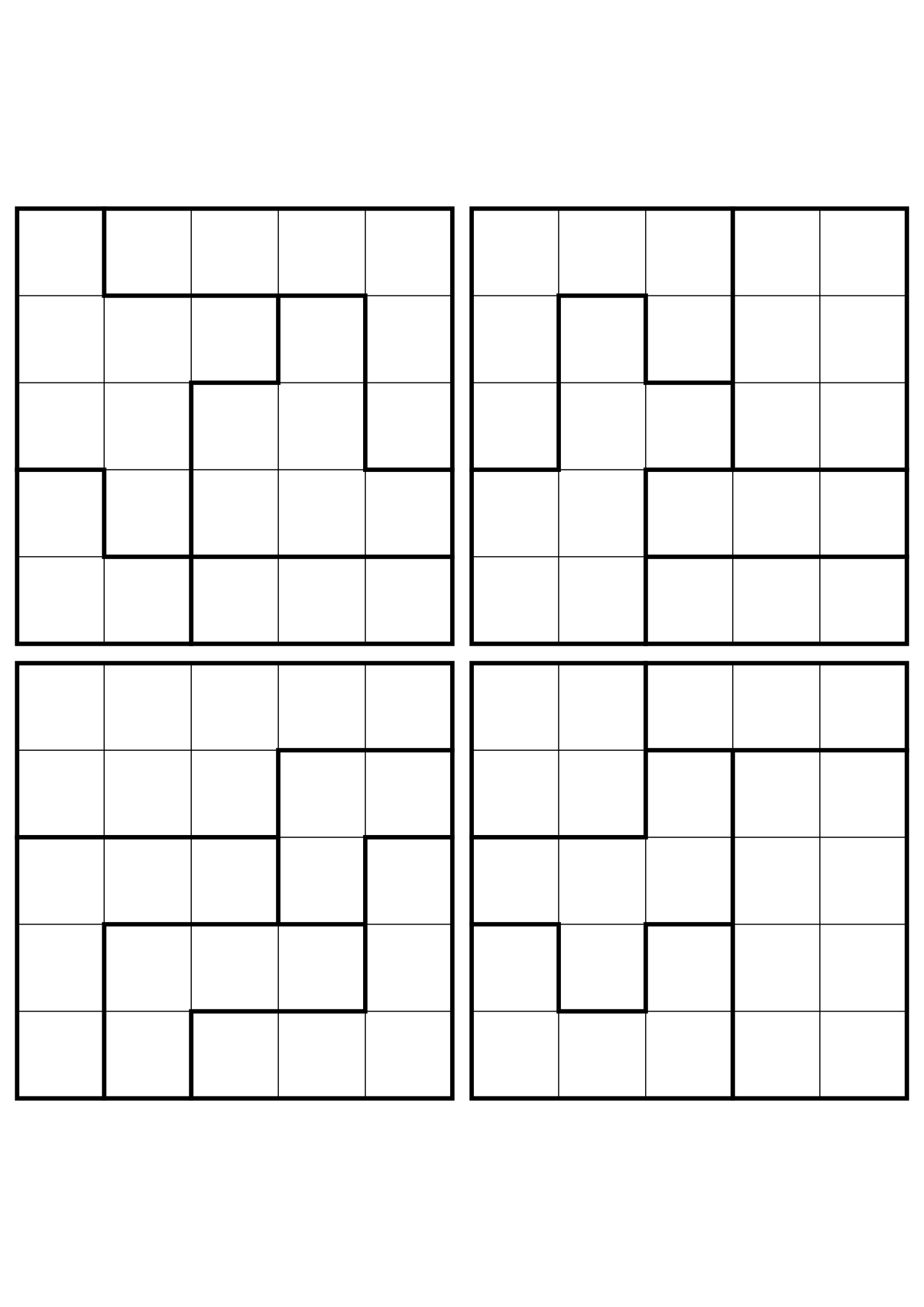 Four easy 5x5 star battle grids, each solved region by region. Level: Easy, 4 puzzles per page. Variant 6.