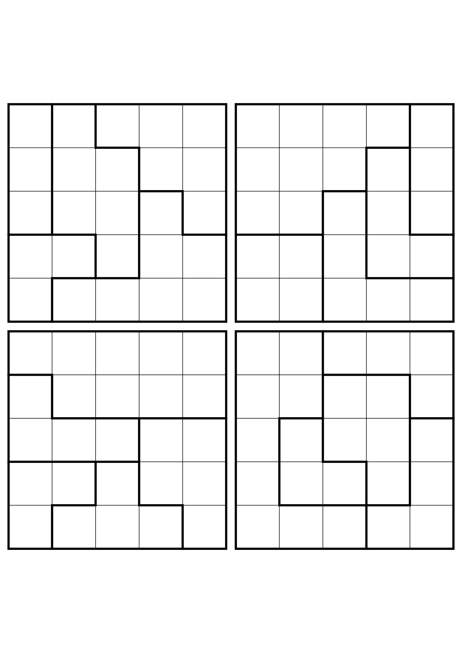 Four easy 5x5 star battle grids, each solved region by region. Level: Easy, 4 puzzles per page. Variant 7.