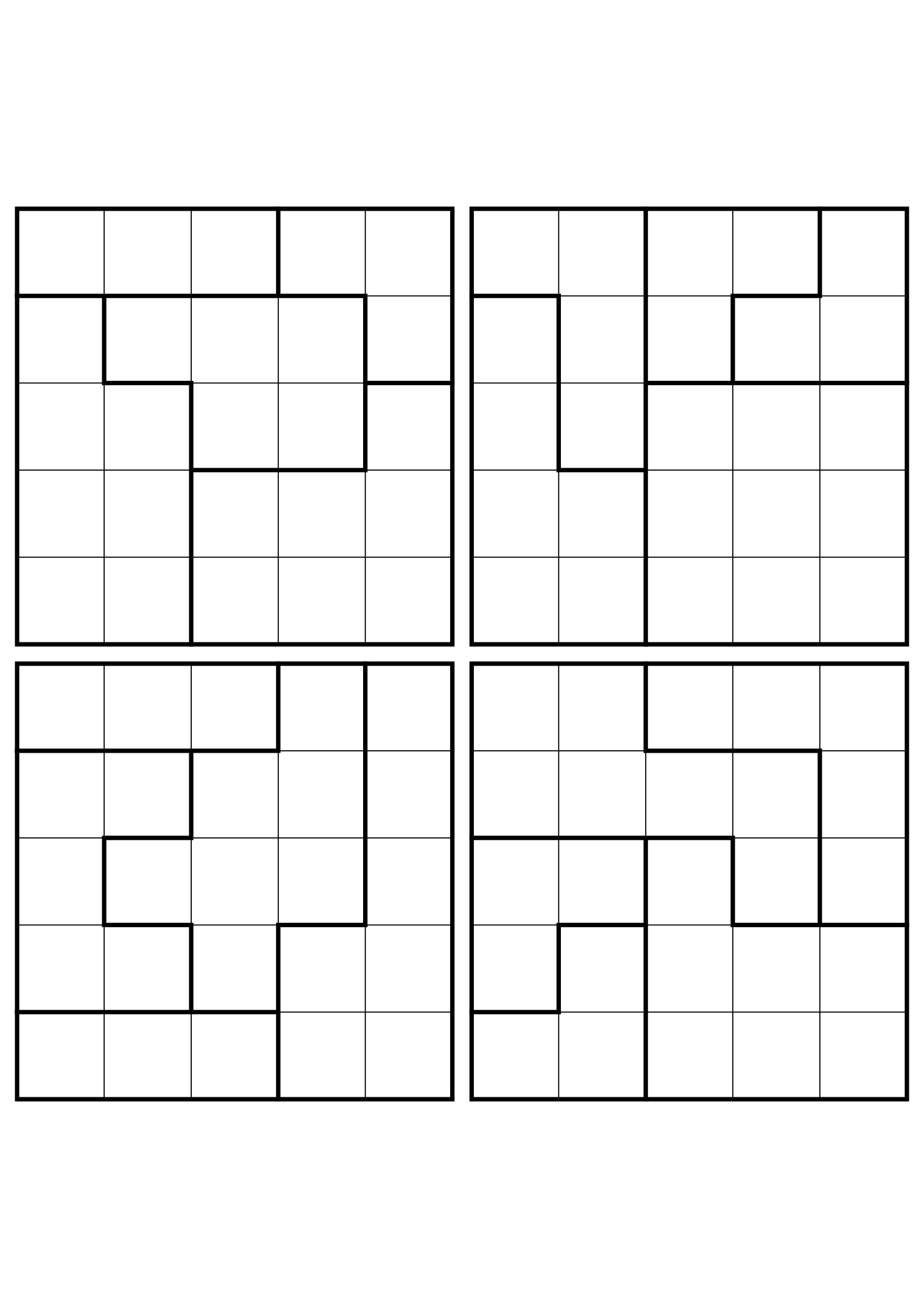 Four easy 5x5 star battle grids, each solved region by region. Level: Easy, 4 puzzles per page. Variant 8.