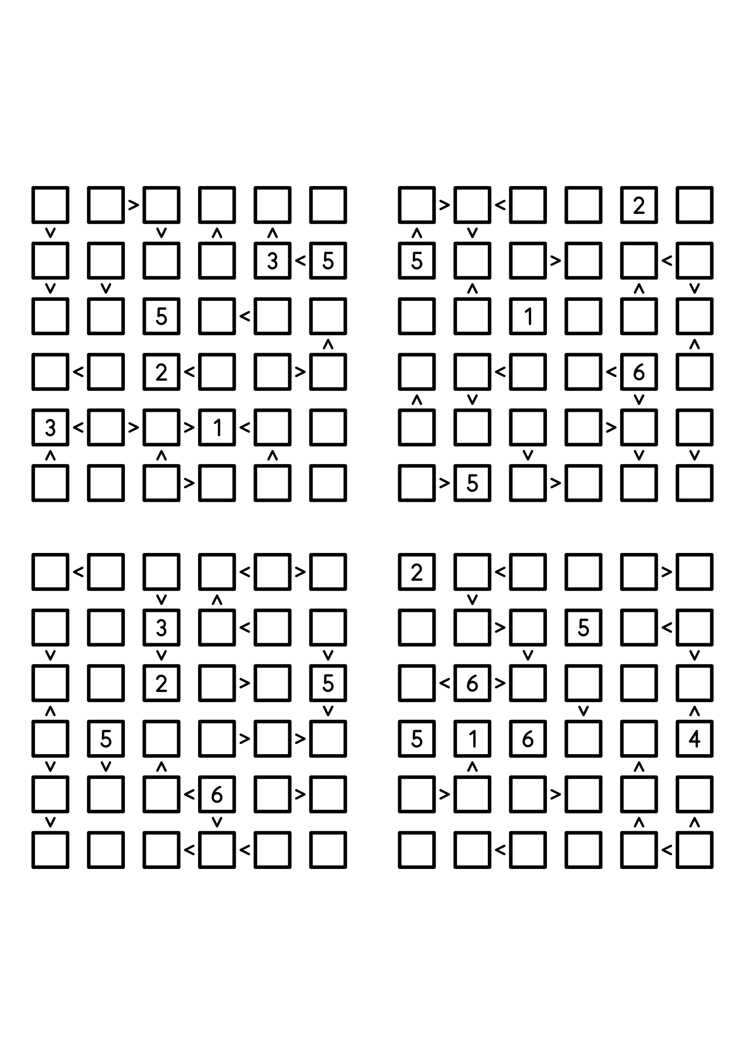 Four easy 6x6 futoshiki grids, each with extra given digits and signs. Level: Easy, 4 puzzles per page. Variant 1.