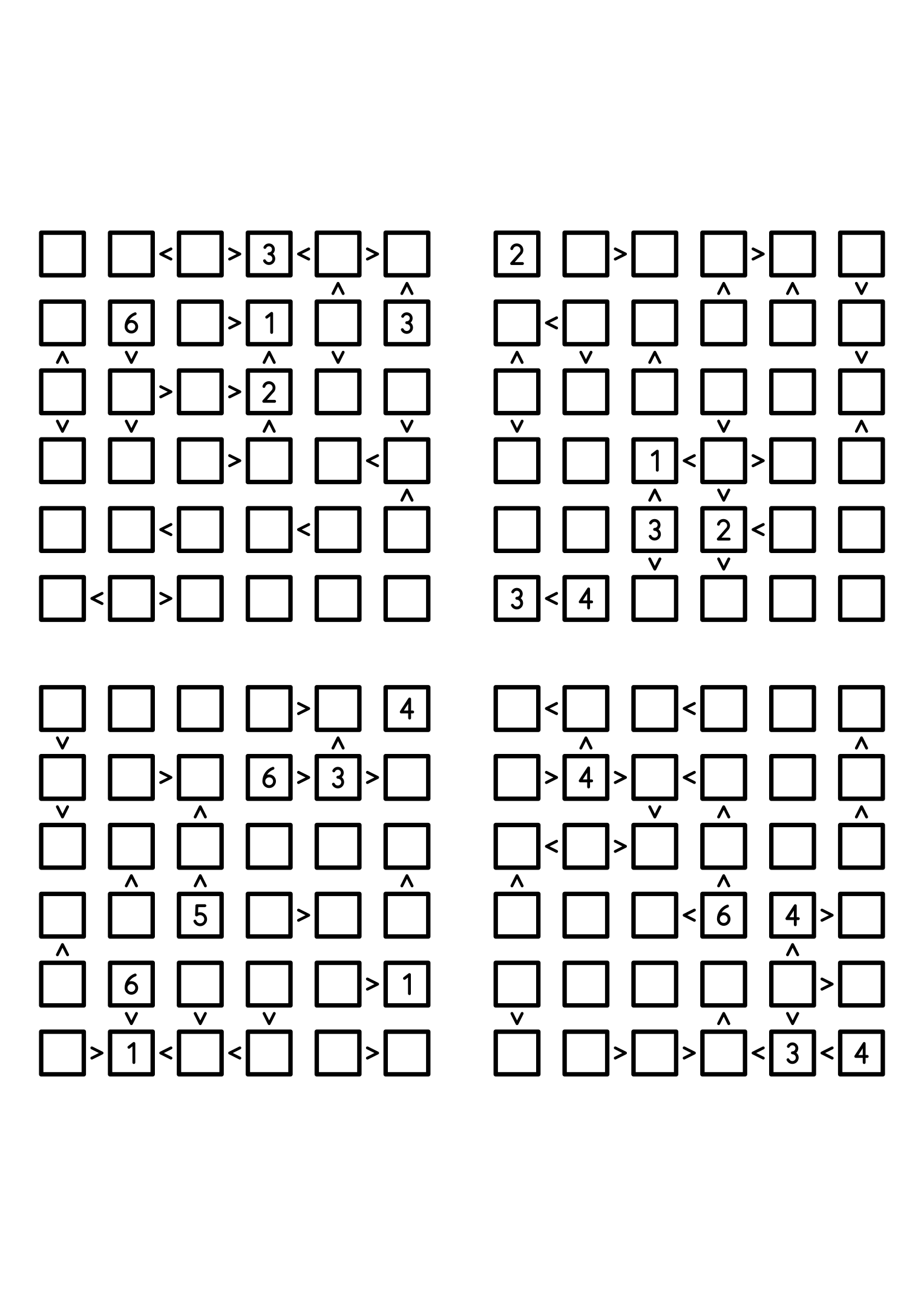 Four easy 6x6 futoshiki grids, each with extra given digits and signs. Level: Easy, 4 puzzles per page. Variant 2.