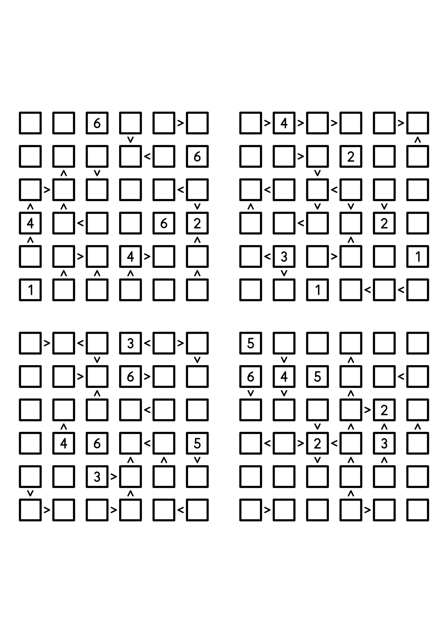 Four easy 6x6 futoshiki grids, each with extra given digits and signs. Level: Easy, 4 puzzles per page. Variant 3.