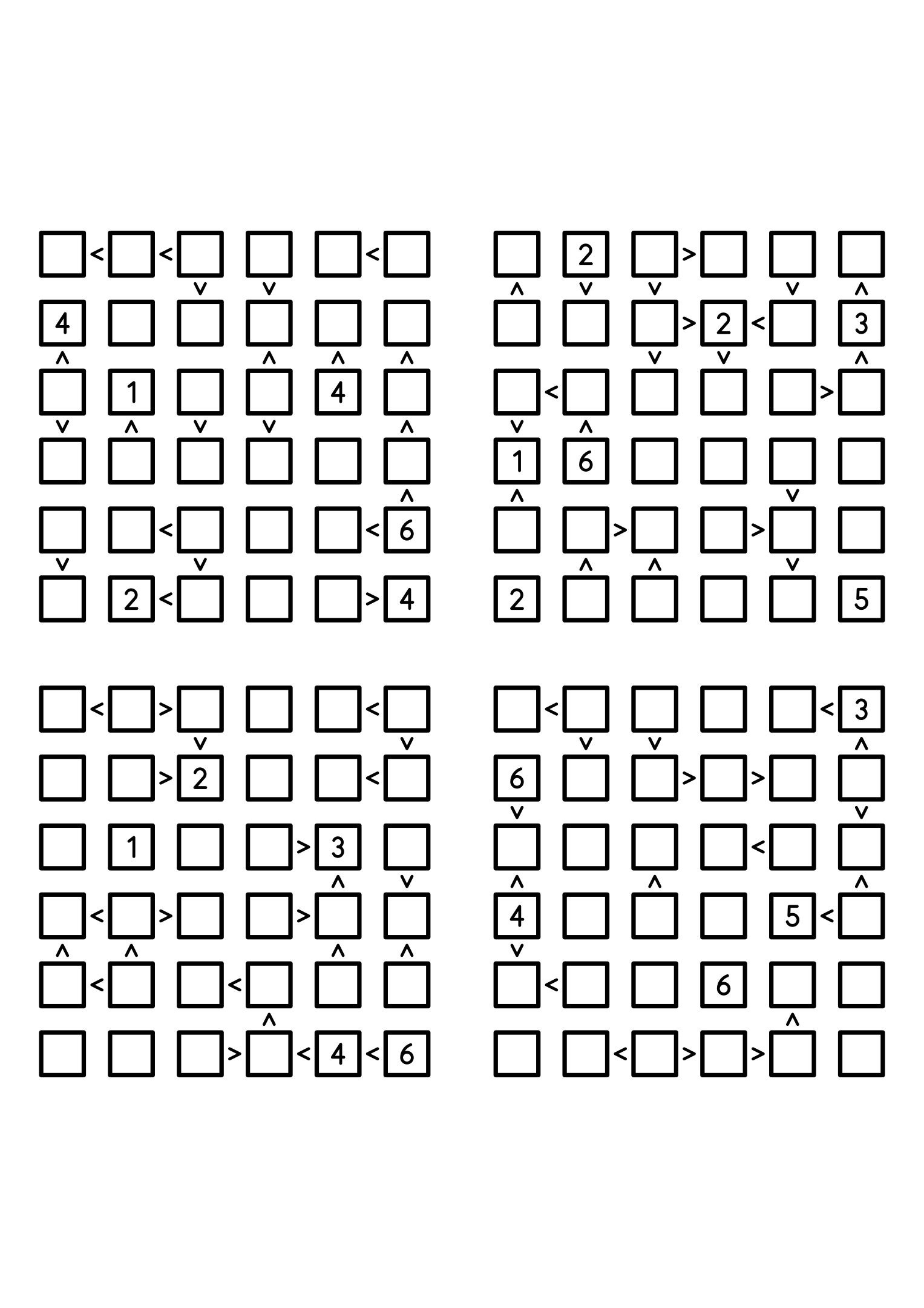 Four easy 6x6 futoshiki grids, each with extra given digits and signs. Level: Easy, 4 puzzles per page. Variant 4.