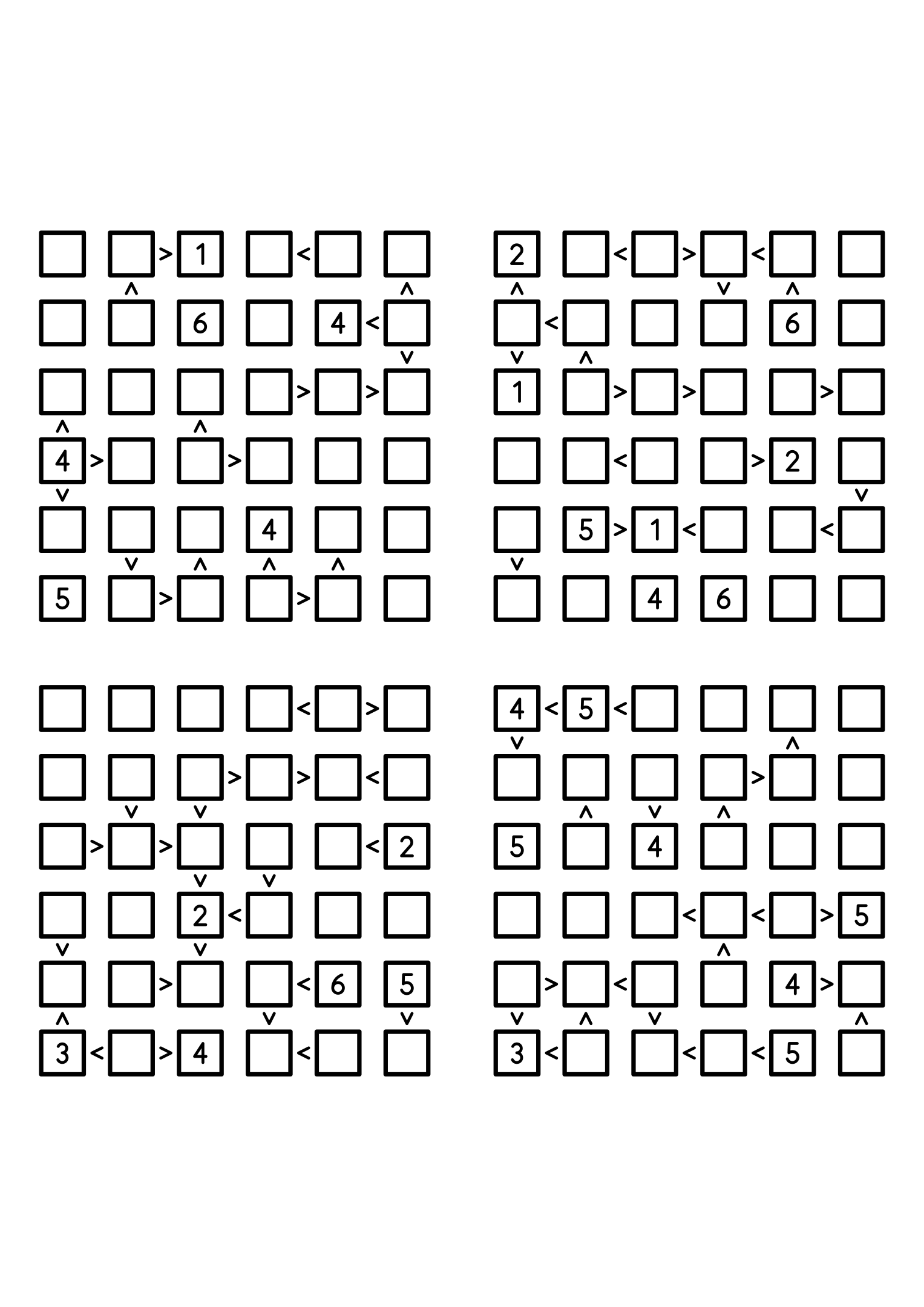 Four easy 6x6 futoshiki grids, each with extra given digits and signs. Level: Easy, 4 puzzles per page. Variant 5.