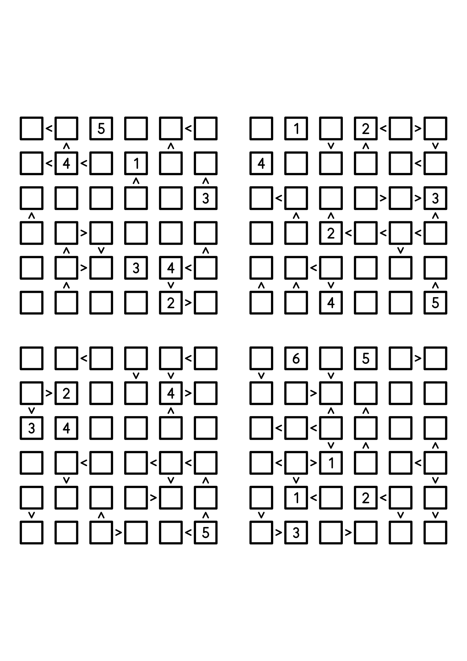 Four easy 6x6 futoshiki grids, each with extra given digits and signs. Level: Easy, 4 puzzles per page. Variant 6.