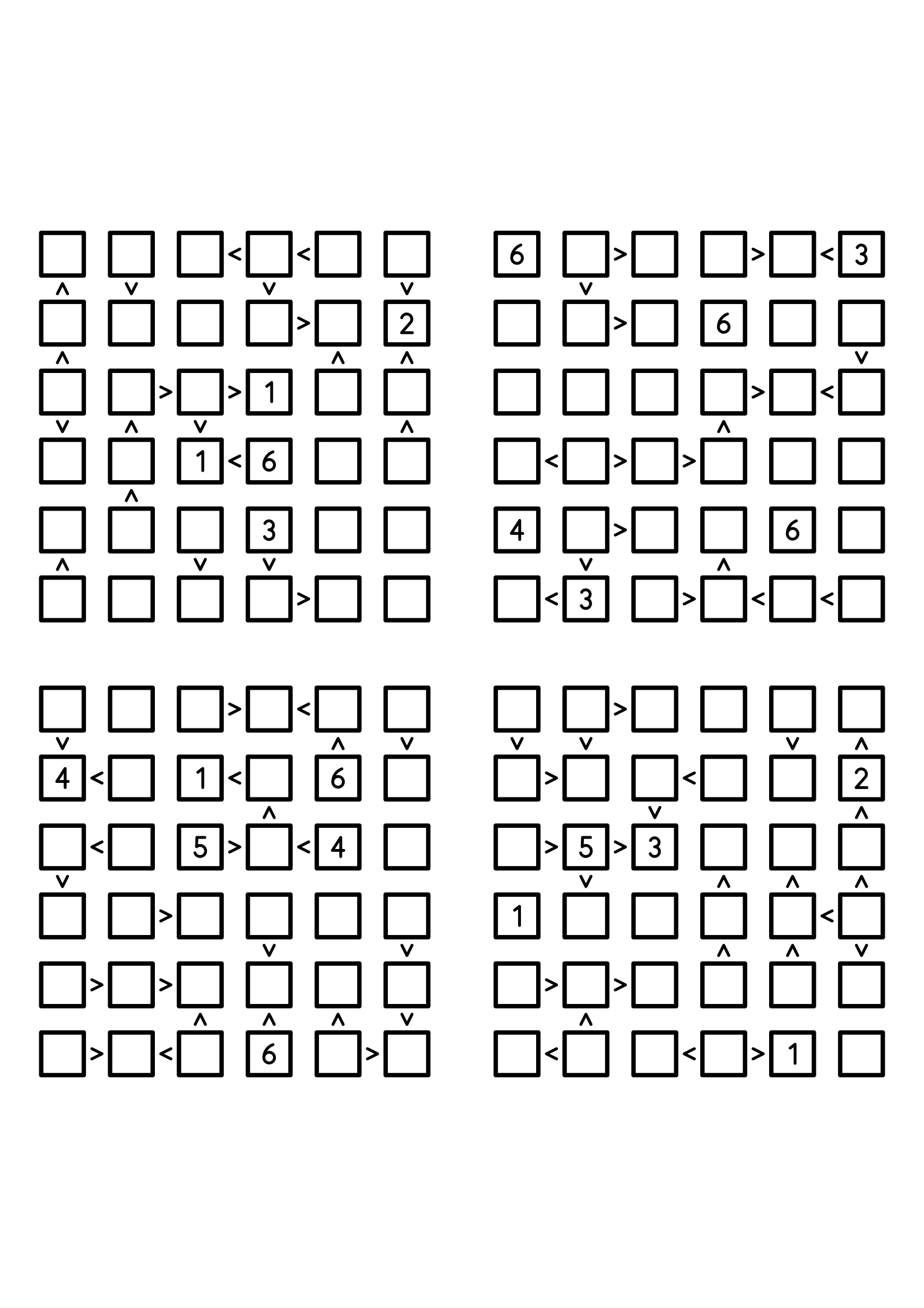 Four easy 6x6 futoshiki grids, each with extra given digits and signs. Level: Easy, 4 puzzles per page. Variant 7.
