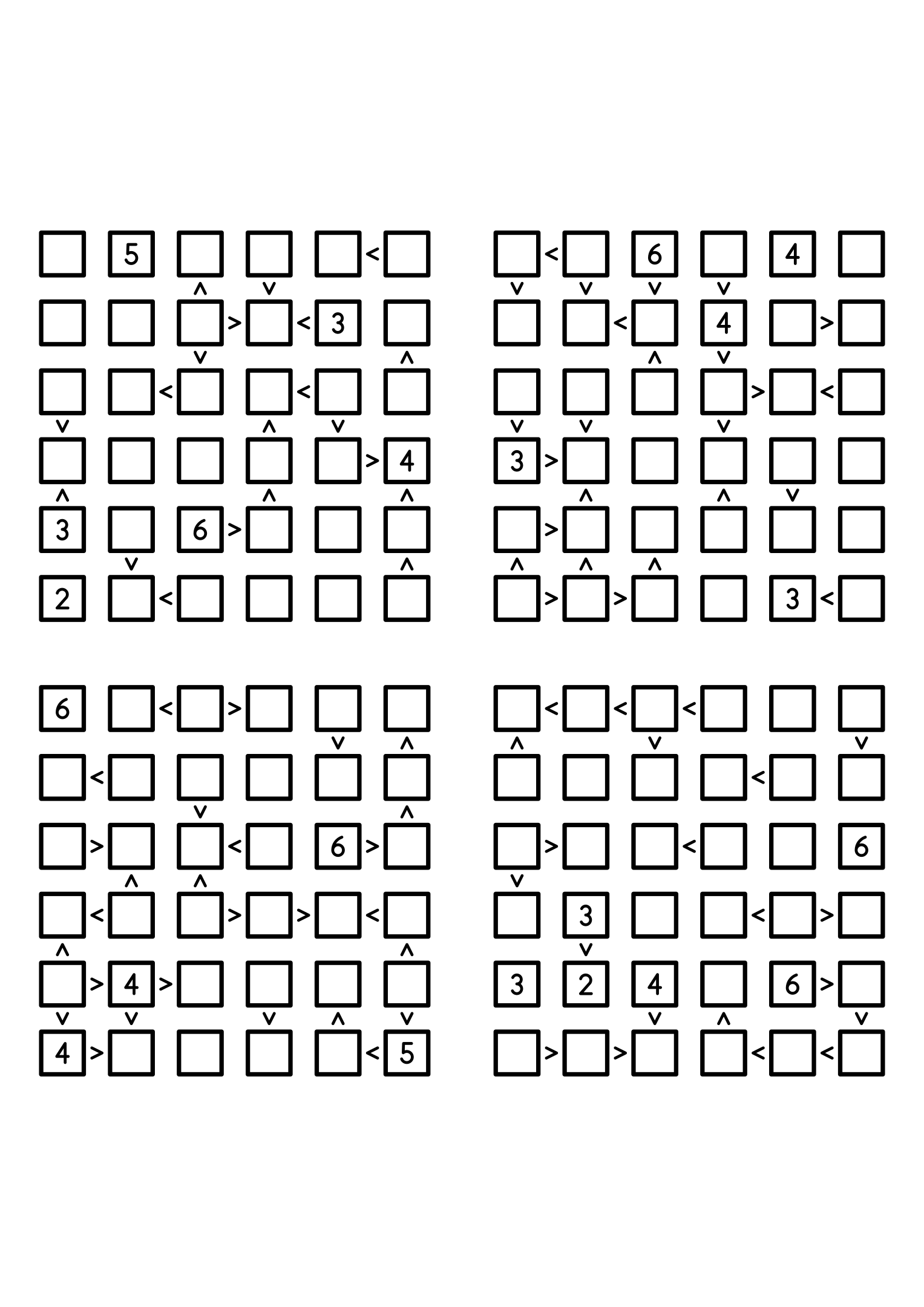 Four easy 6x6 futoshiki grids, each with extra given digits and signs. Level: Easy, 4 puzzles per page. Variant 8.