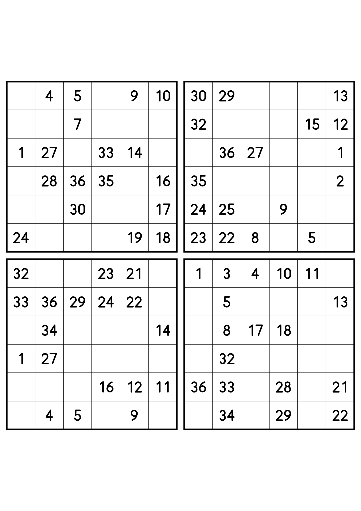 Four easy 6x6 Hidoku grids, 18 numbers given in each. Variant 1.