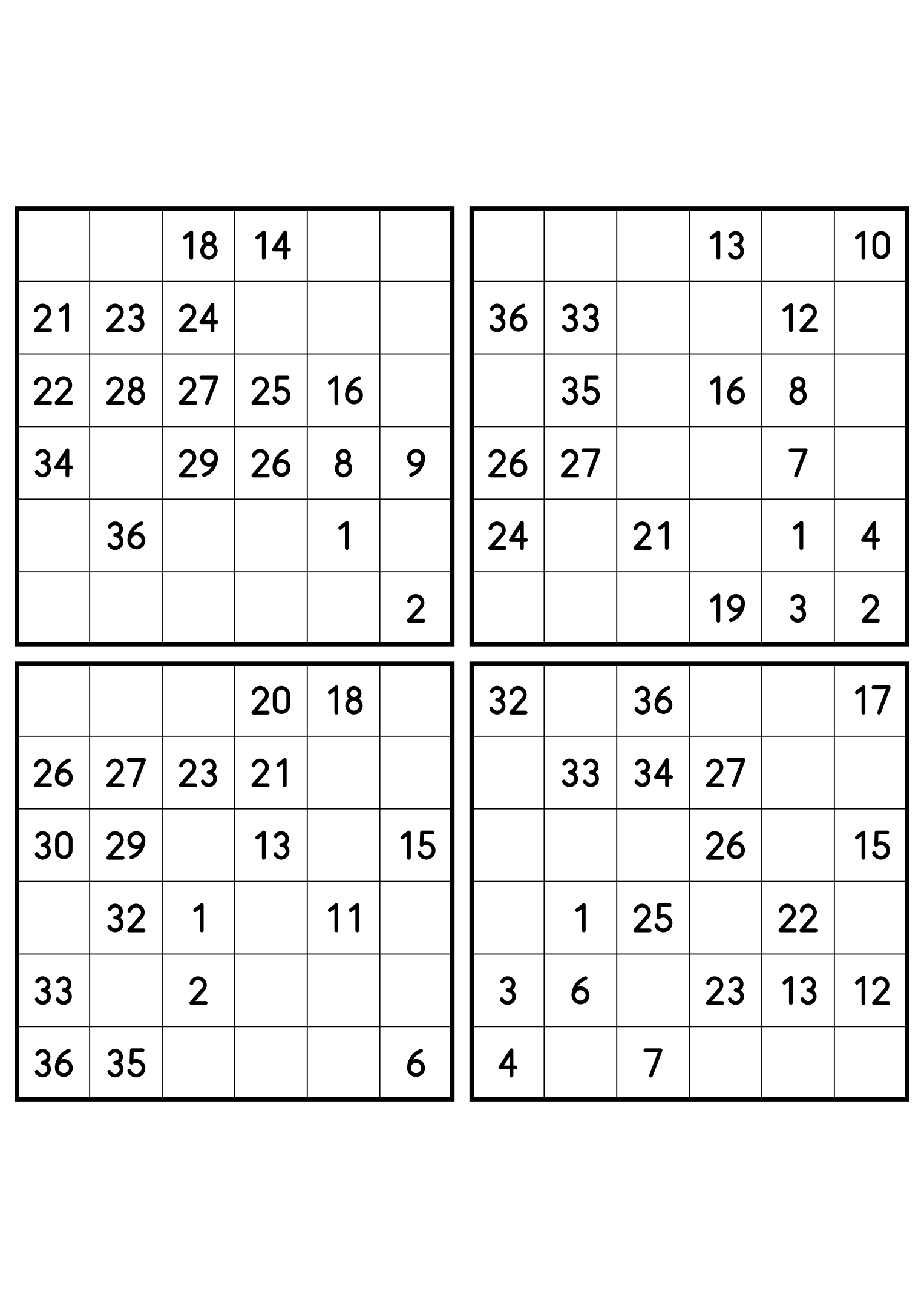 Four easy 6x6 Hidoku grids, 18 numbers given in each. Variant 2.