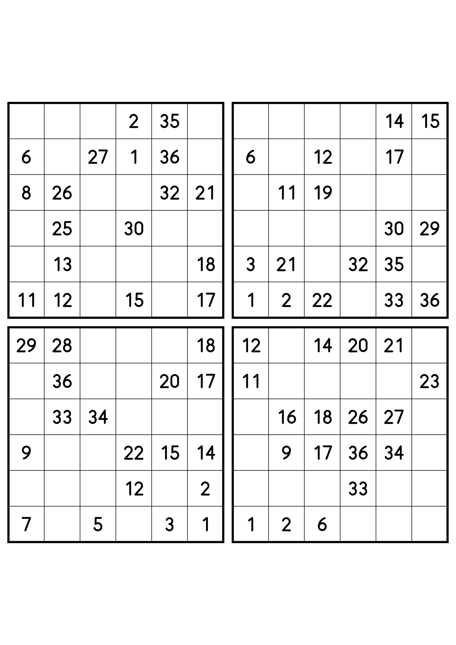 Four easy 6x6 Hidoku grids, 18 numbers given in each. Variant 3.