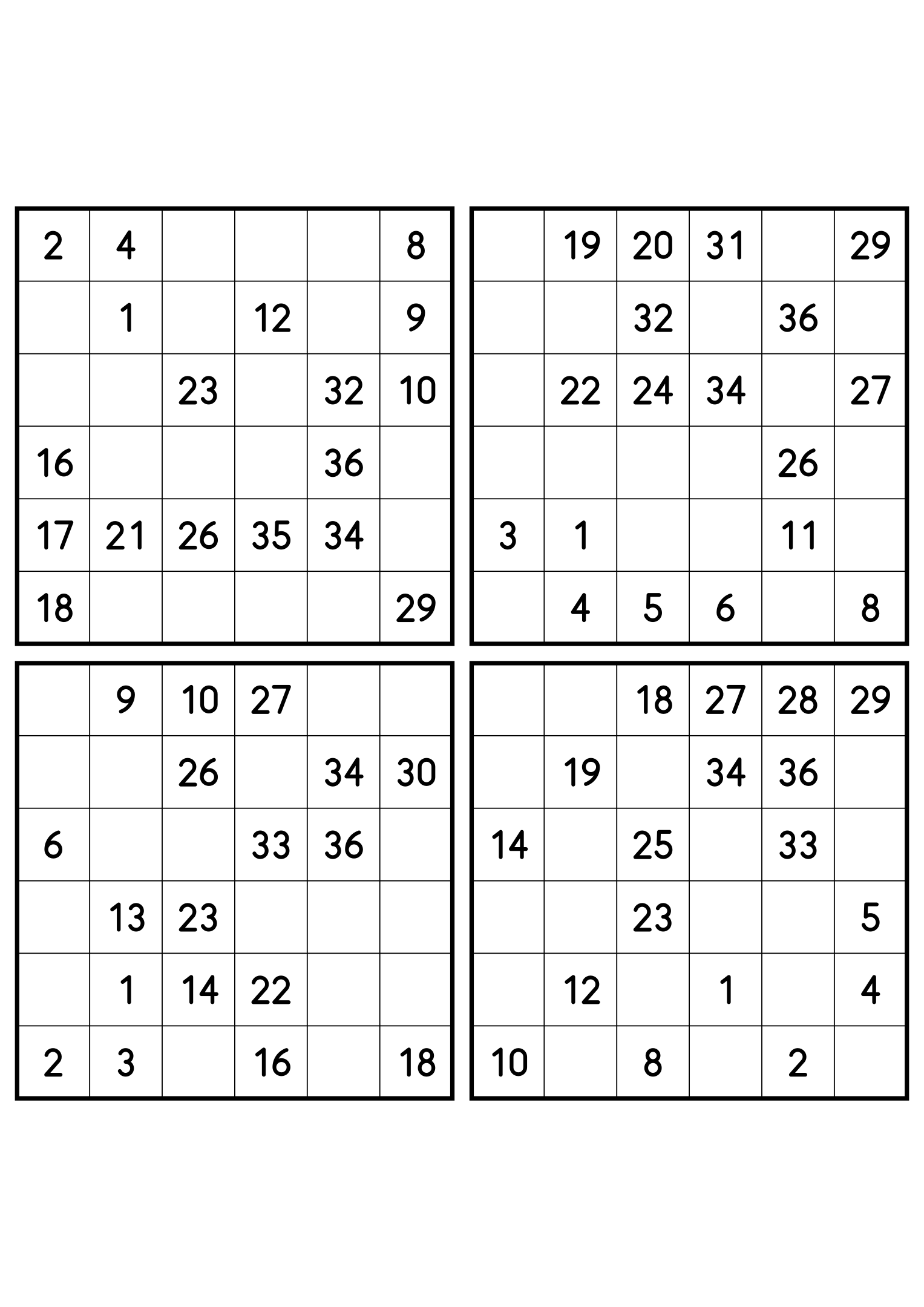 Four easy 6x6 Hidoku grids, 18 numbers given in each. Variant 4.