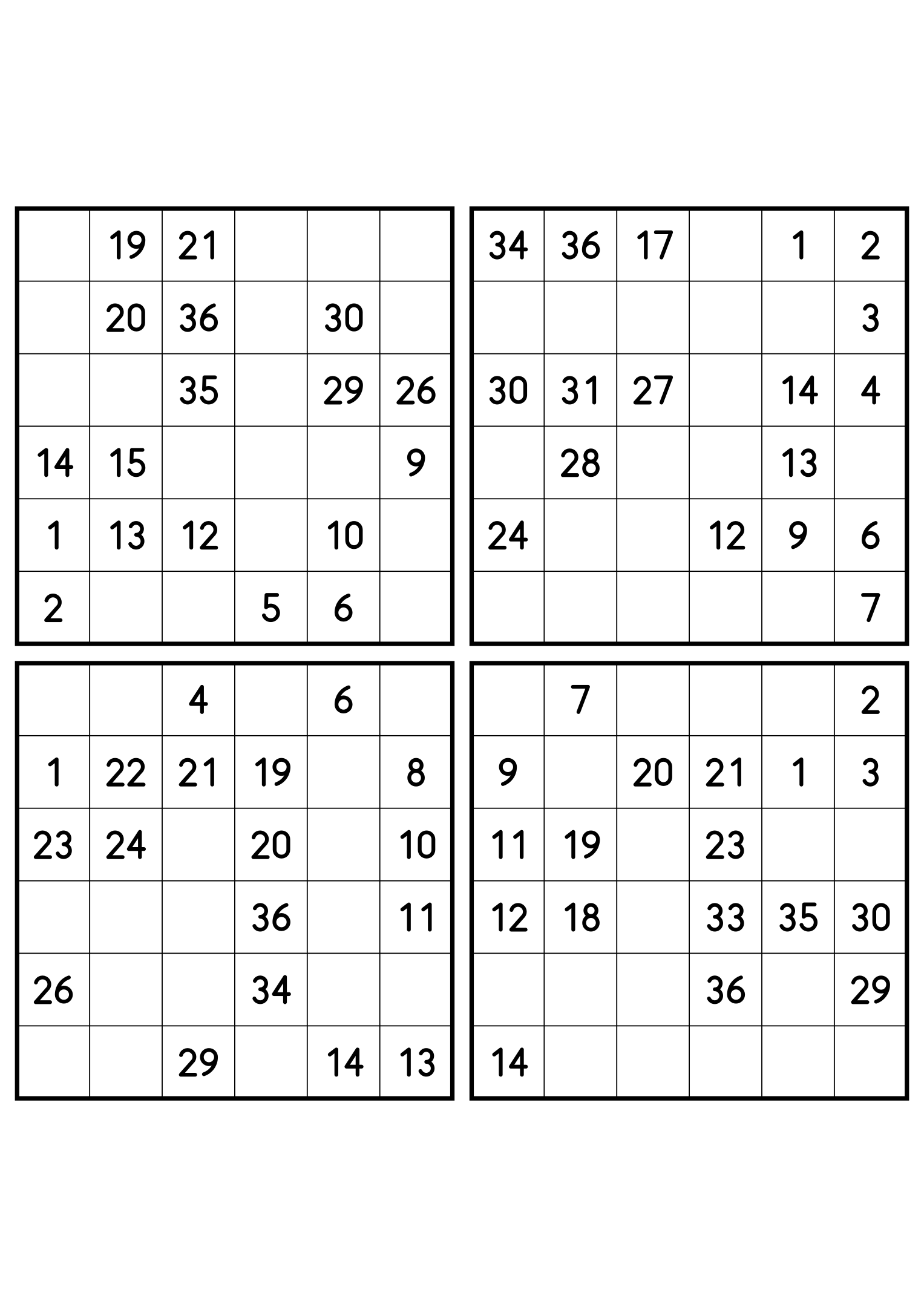 Four easy 6x6 Hidoku grids, 18 numbers given in each. Variant 5.