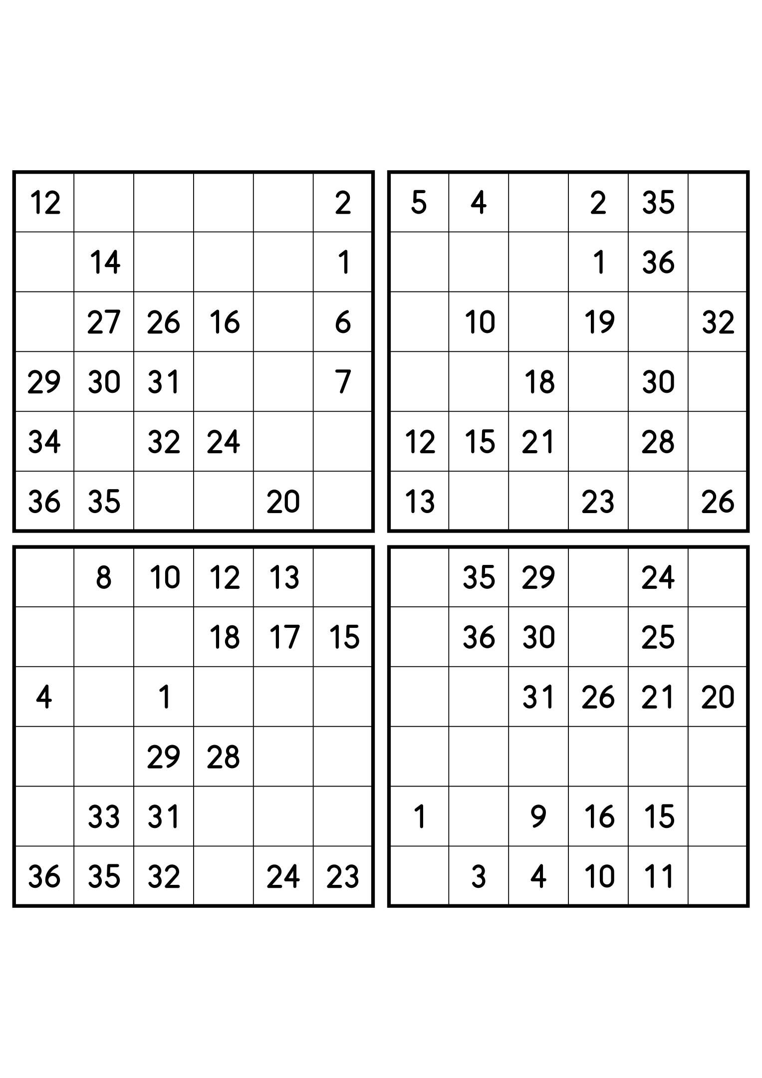 Four easy 6x6 Hidoku grids, 18 numbers given in each. Variant 6.