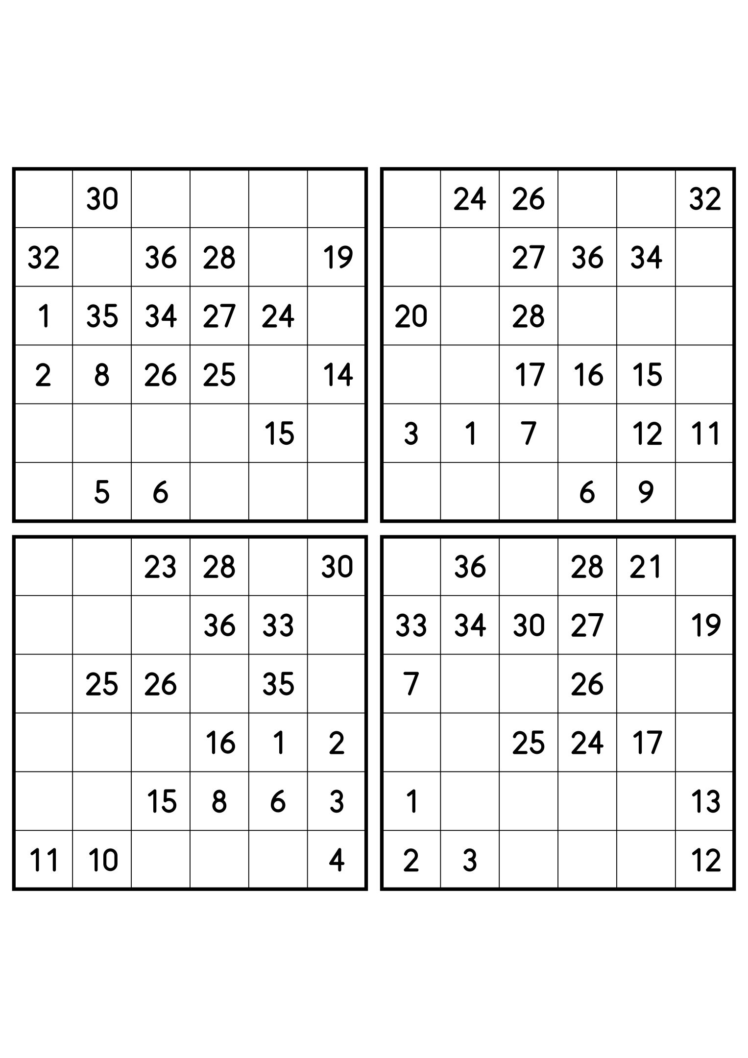 Four easy 6x6 Hidoku grids, 18 numbers given in each. Variant 7.