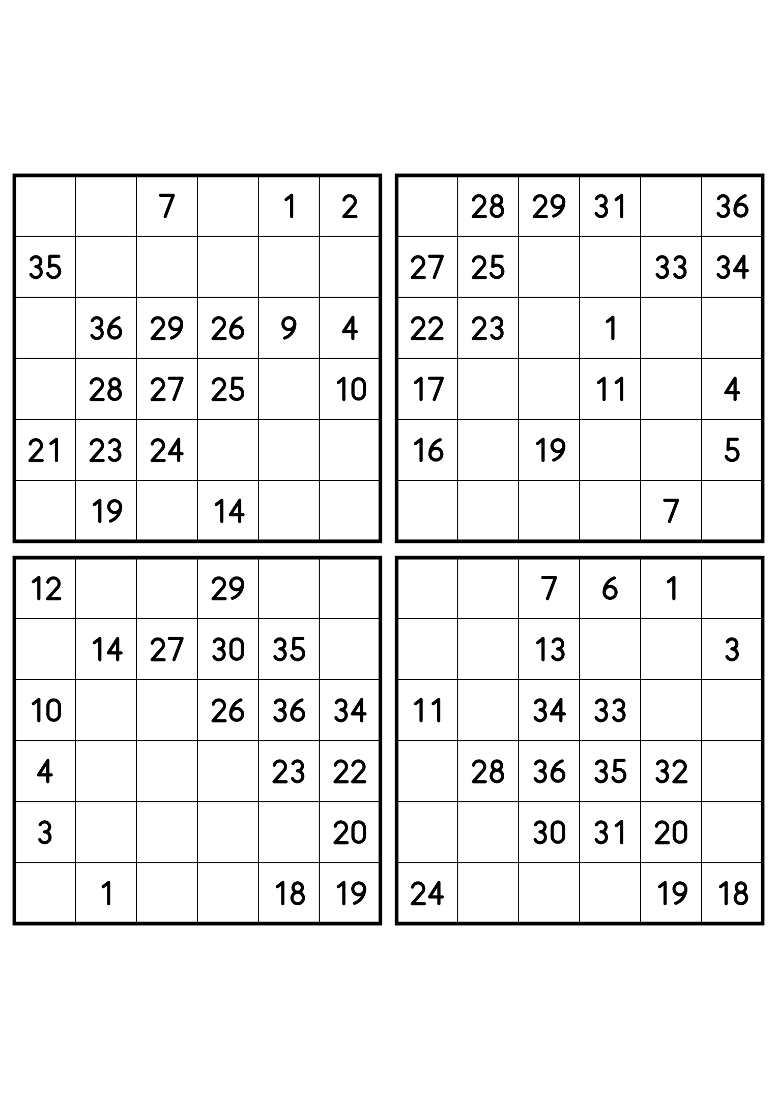 Four easy 6x6 Hidoku grids, 18 numbers given in each. Variant 8.