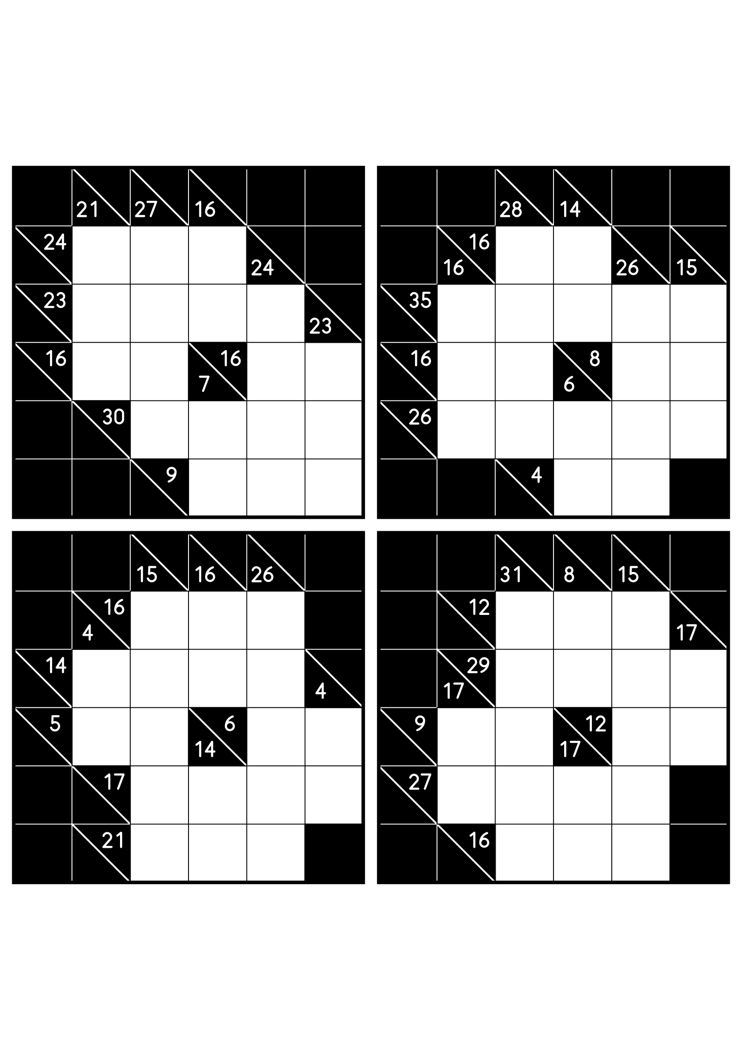 Four easy 6x6 kakuro grids, each solved from the combinations of its clues. Level: Easy, 4 puzzles per page. Variant 1.
