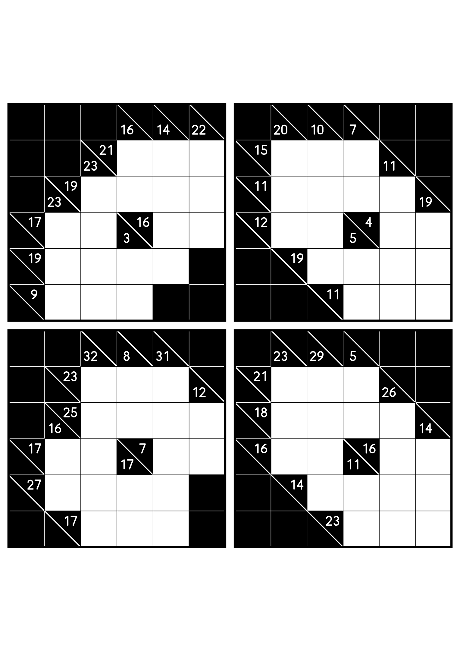 Four easy 6x6 kakuro grids, each solved from the combinations of its clues. Level: Easy, 4 puzzles per page. Variant 2.